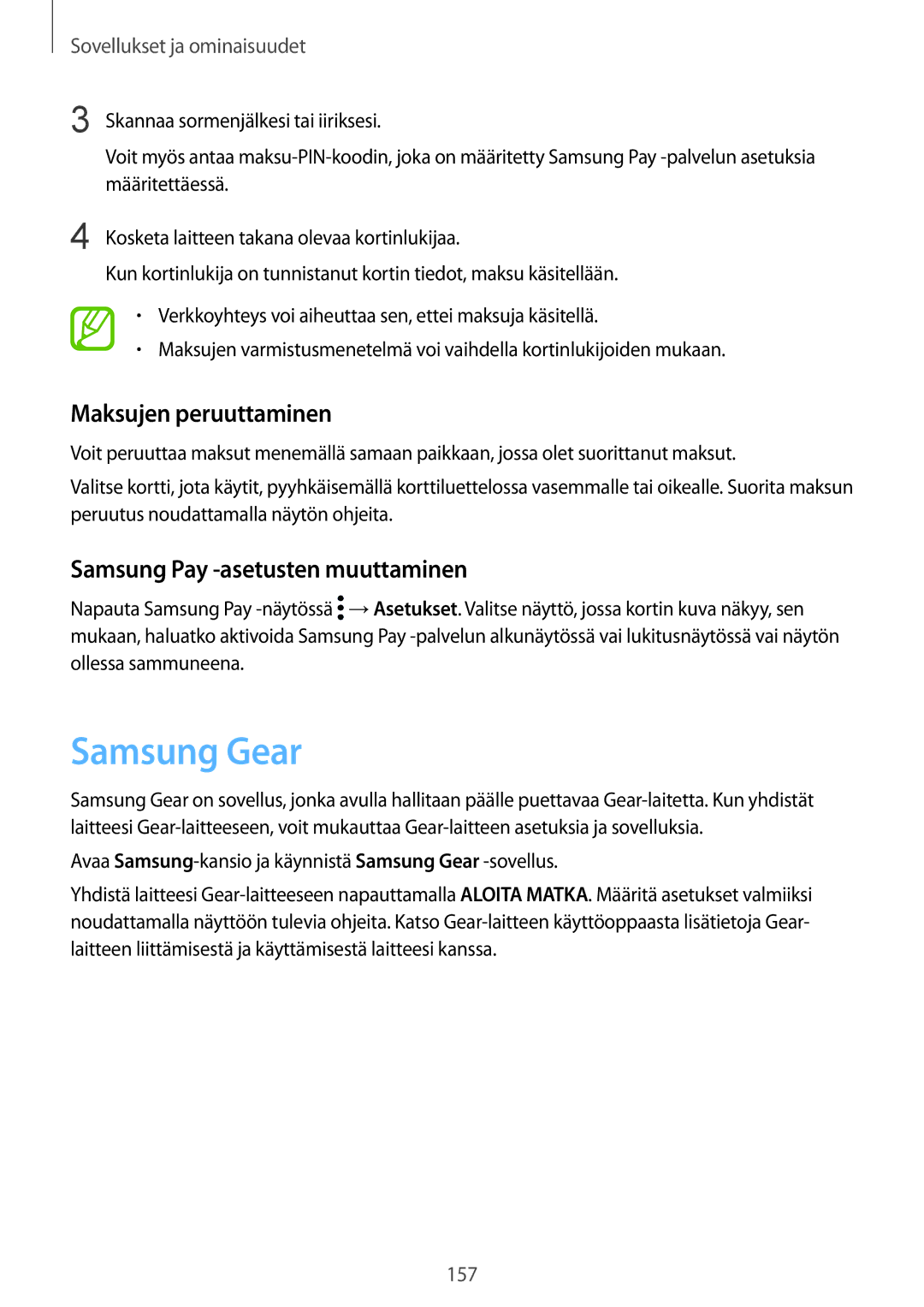 Samsung SM-N950FZKDNEE, SM-N950FZDATEN manual Samsung Gear, Maksujen peruuttaminen, Samsung Pay -asetusten muuttaminen 