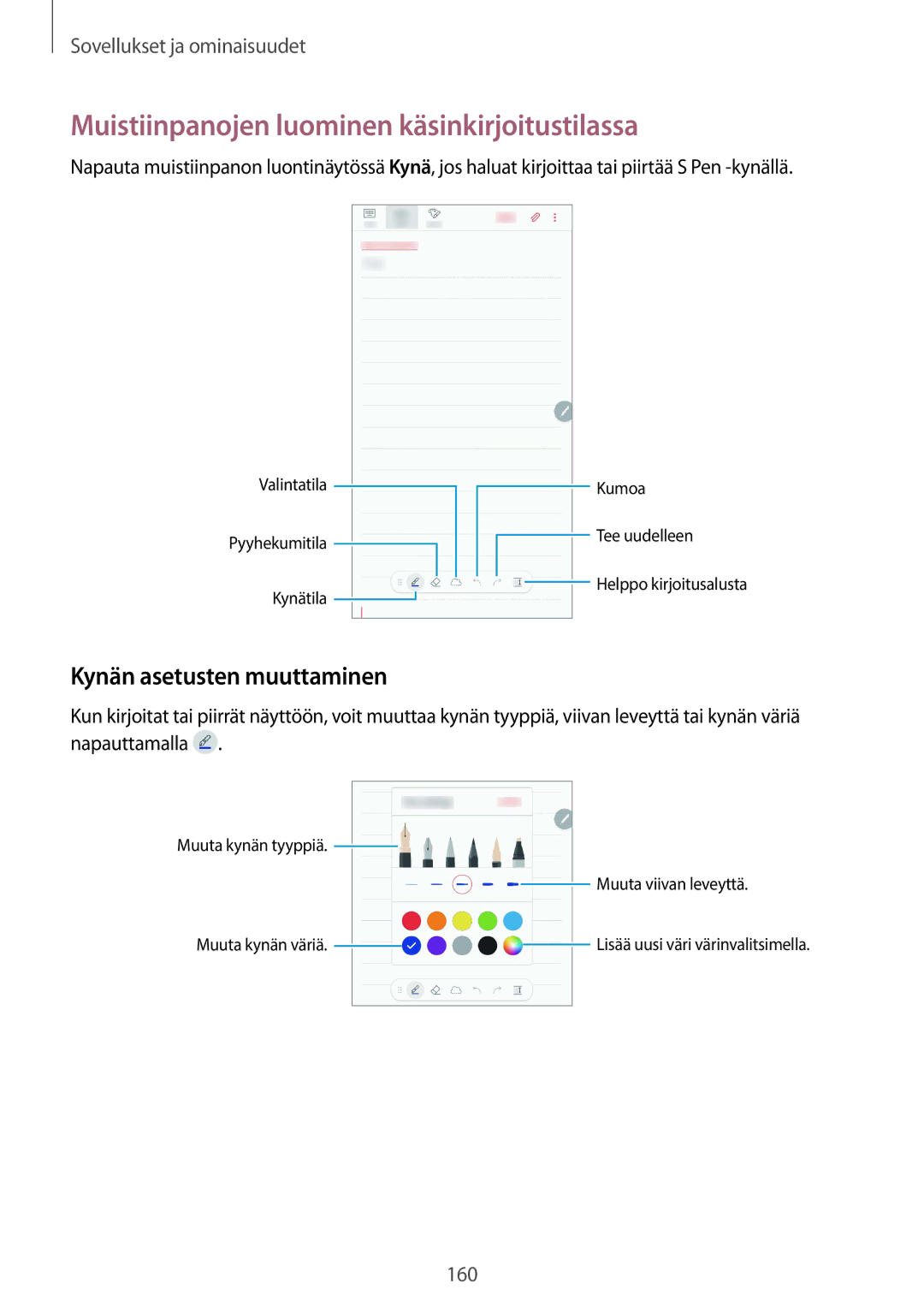 Samsung SM-N950FZKATEN, SM-N950FZDATEN manual Muistiinpanojen luominen käsinkirjoitustilassa, Kynän asetusten muuttaminen 