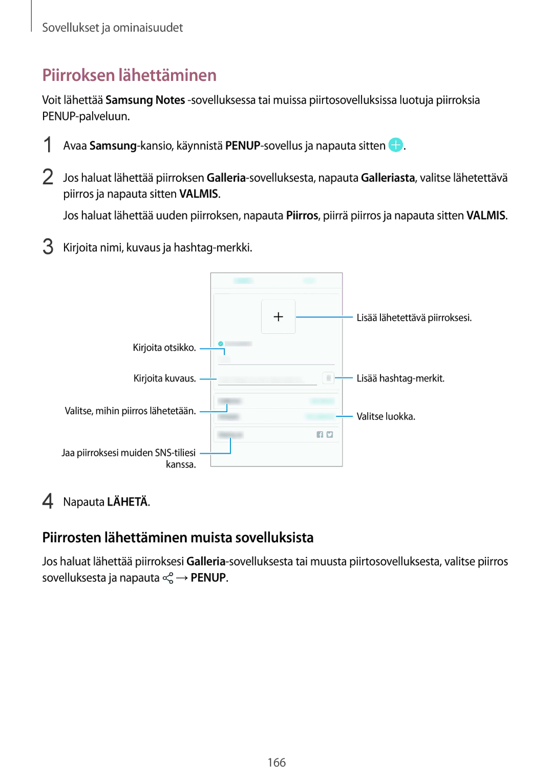 Samsung SM-N950FZDAHTS manual Piirroksen lähettäminen, Piirrosten lähettäminen muista sovelluksista, Napauta Lähetä 