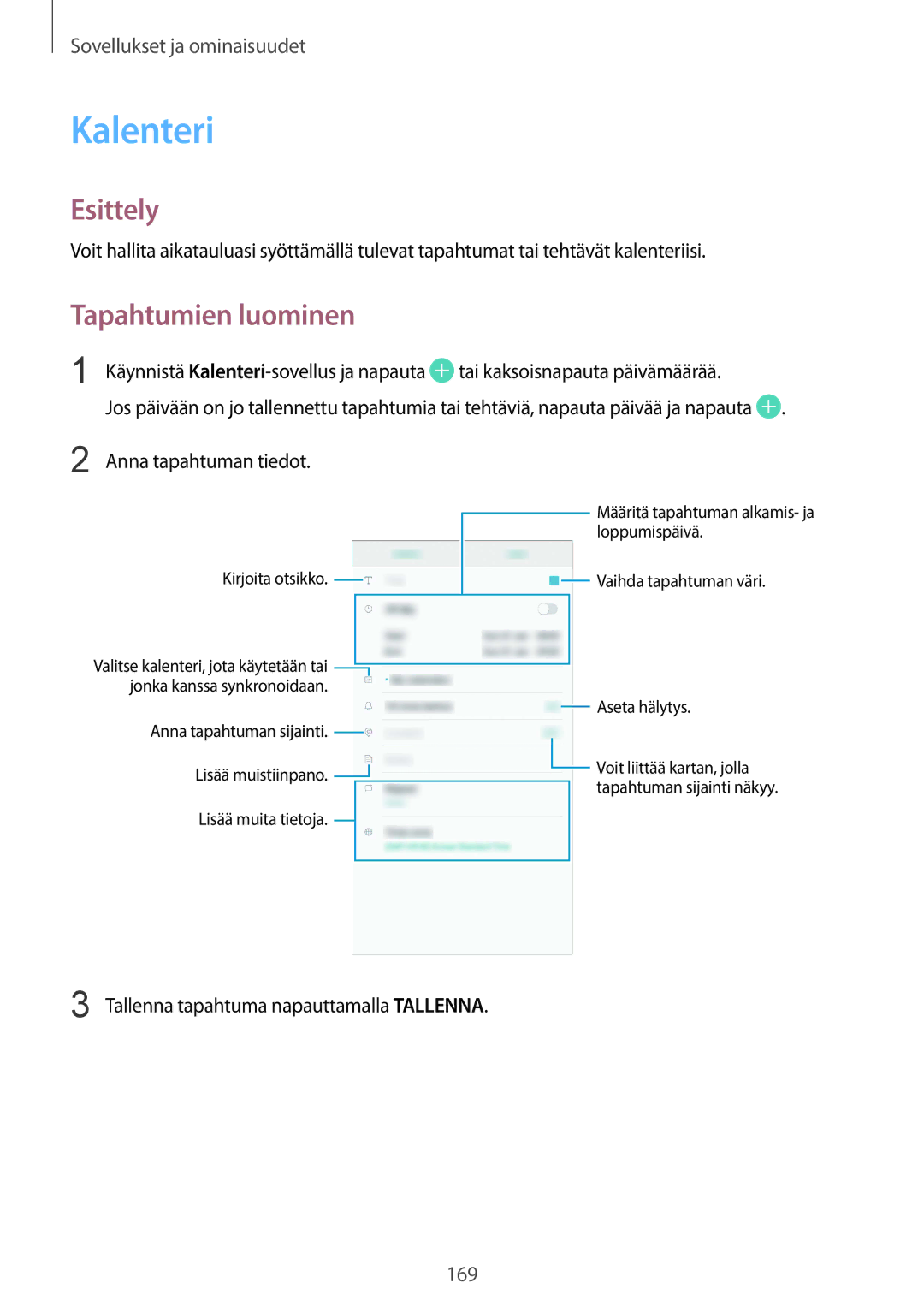 Samsung CG-N950FZDSHTD manual Kalenteri, Tapahtumien luominen, Tai kaksoisnapauta päivämäärää, Anna tapahtuman tiedot 