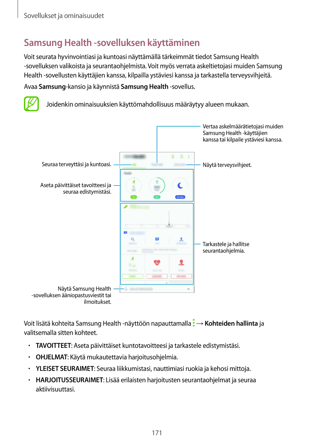 Samsung SM-N950FZKDNEE, SM-N950FZDATEN manual Samsung Health -sovelluksen käyttäminen, Seuraa terveyttäsi ja kuntoasi 