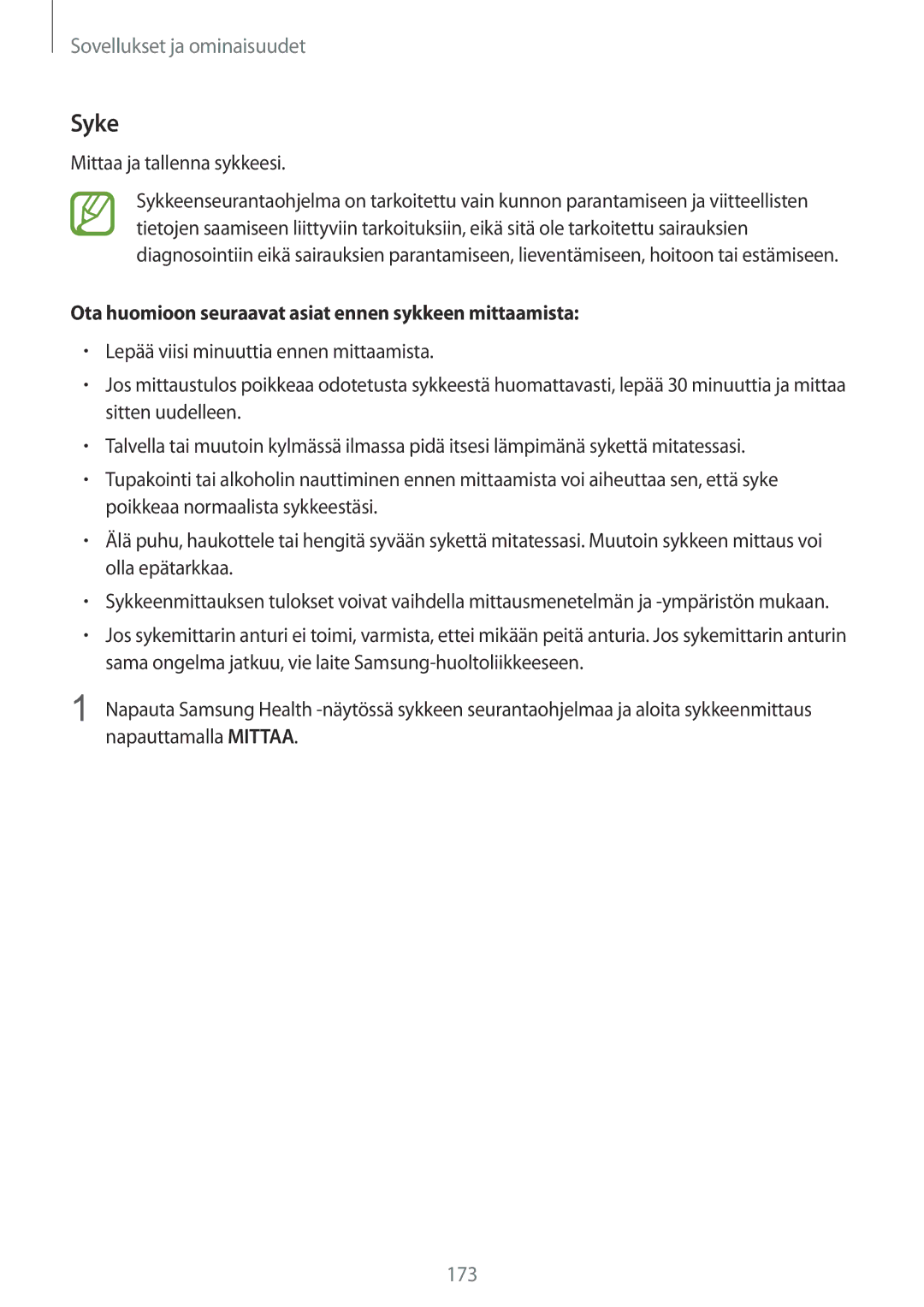 Samsung SM-N950FZDAHTS manual Syke, Mittaa ja tallenna sykkeesi, Ota huomioon seuraavat asiat ennen sykkeen mittaamista 