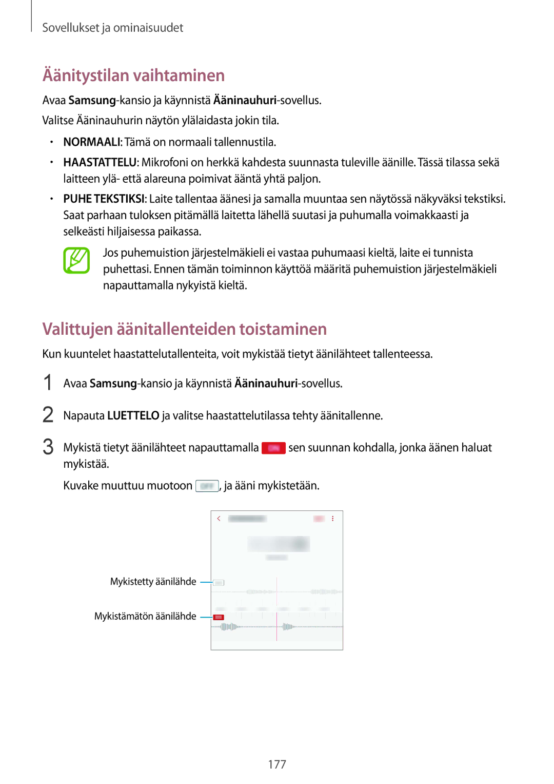 Samsung SM-N950FZKAHTS, SM-N950FZDATEN, CG-N950FZDSHTD Äänitystilan vaihtaminen, Valittujen äänitallenteiden toistaminen 