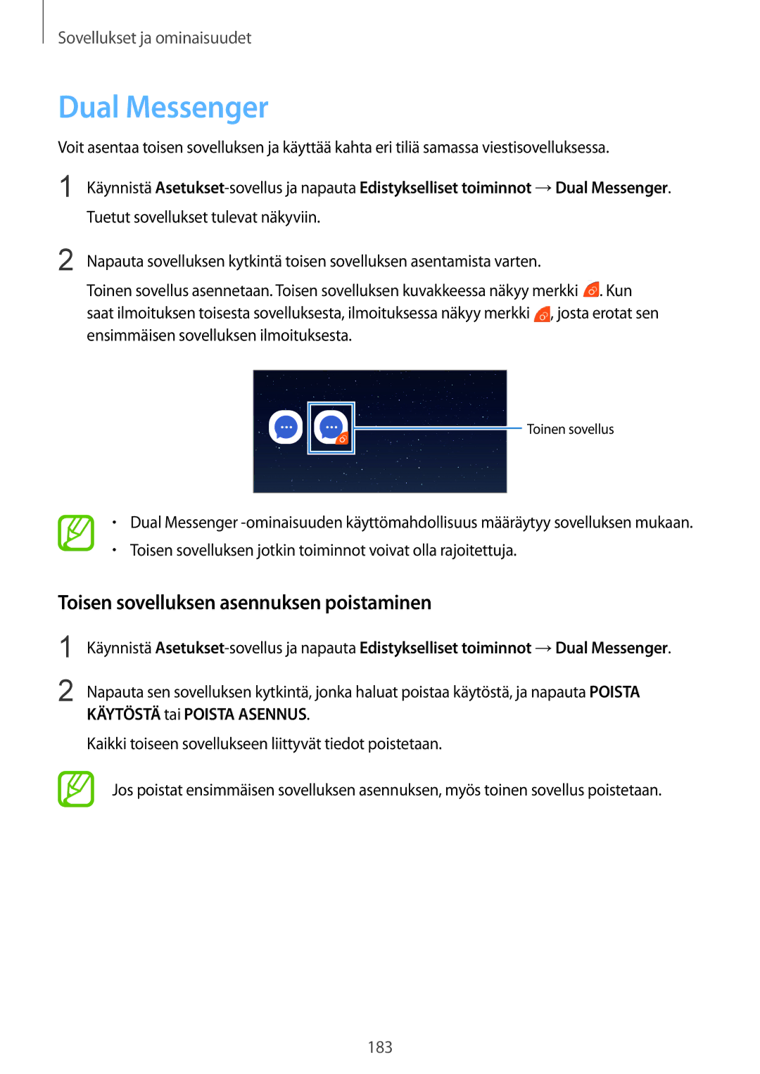 Samsung CG-N950FZDSHTD, SM-N950FZDATEN, SM-N950FZKAHTS manual Dual Messenger, Toisen sovelluksen asennuksen poistaminen 