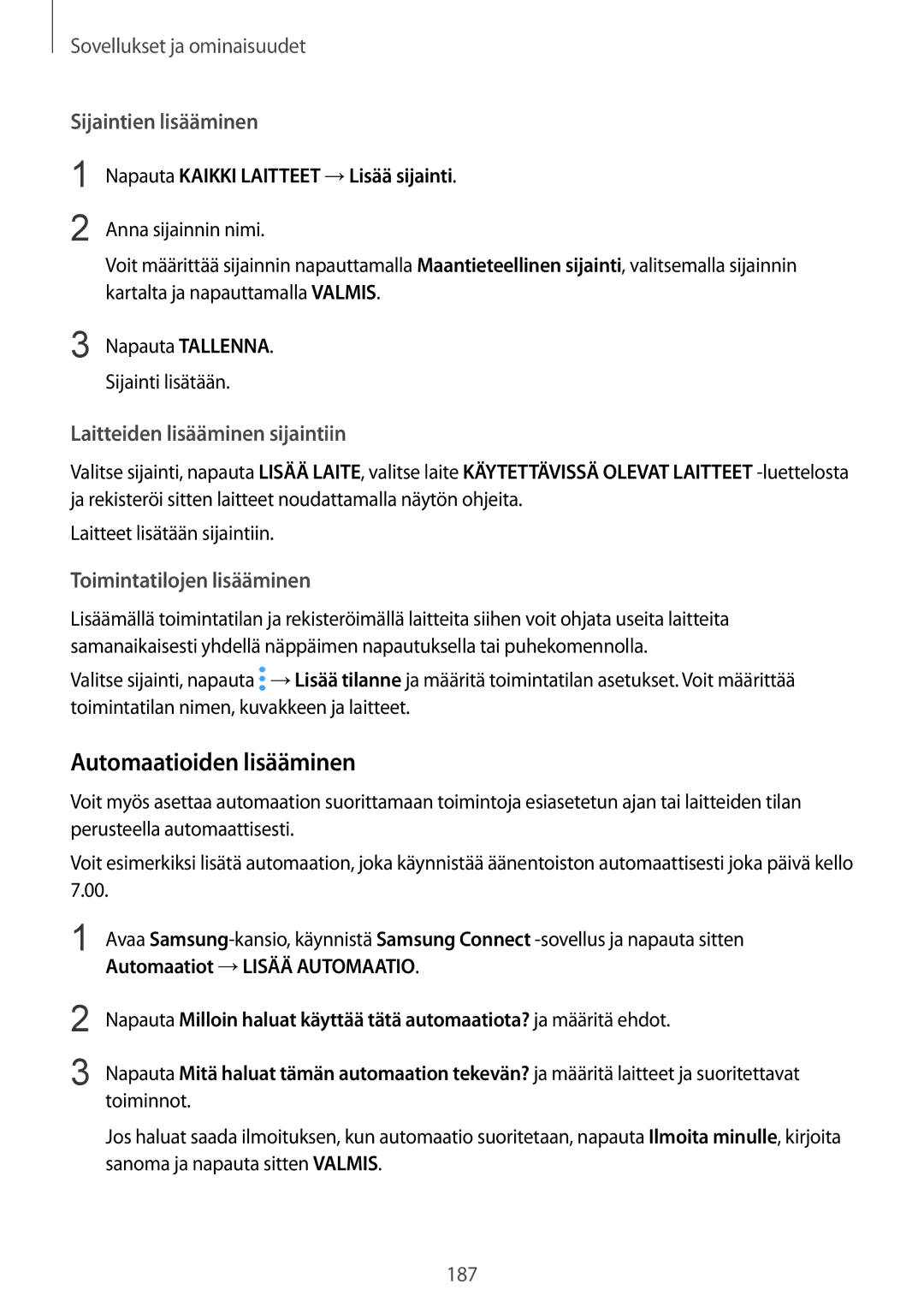 Samsung SM-N950FZDAHTS, SM-N950FZDATEN Automaatioiden lisääminen, Sijaintien lisääminen, Laitteiden lisääminen sijaintiin 