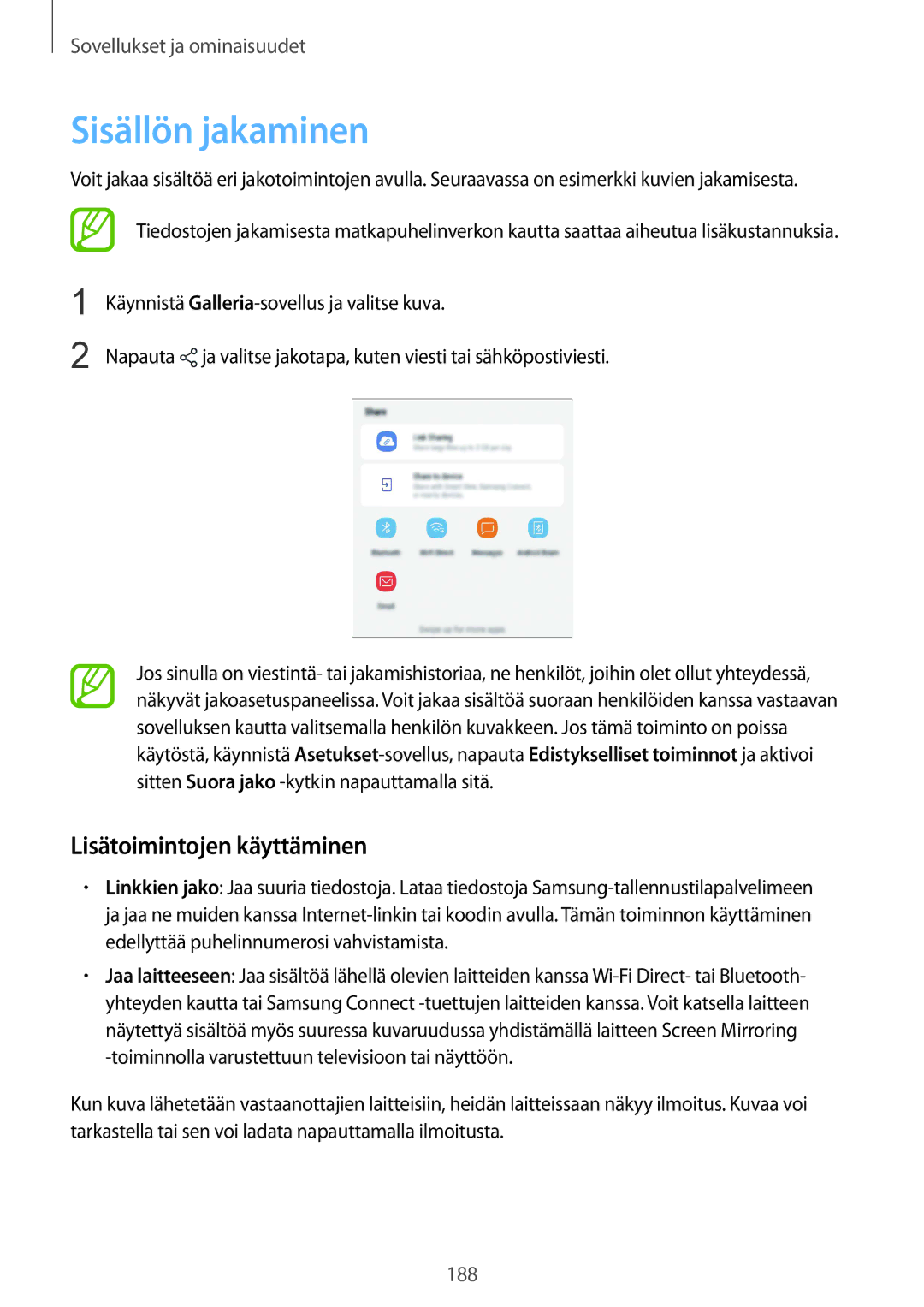 Samsung SM-N950FZKATEN, SM-N950FZDATEN, CG-N950FZDSHTD, SM-N950FZKAHTS manual Sisällön jakaminen, Lisätoimintojen käyttäminen 