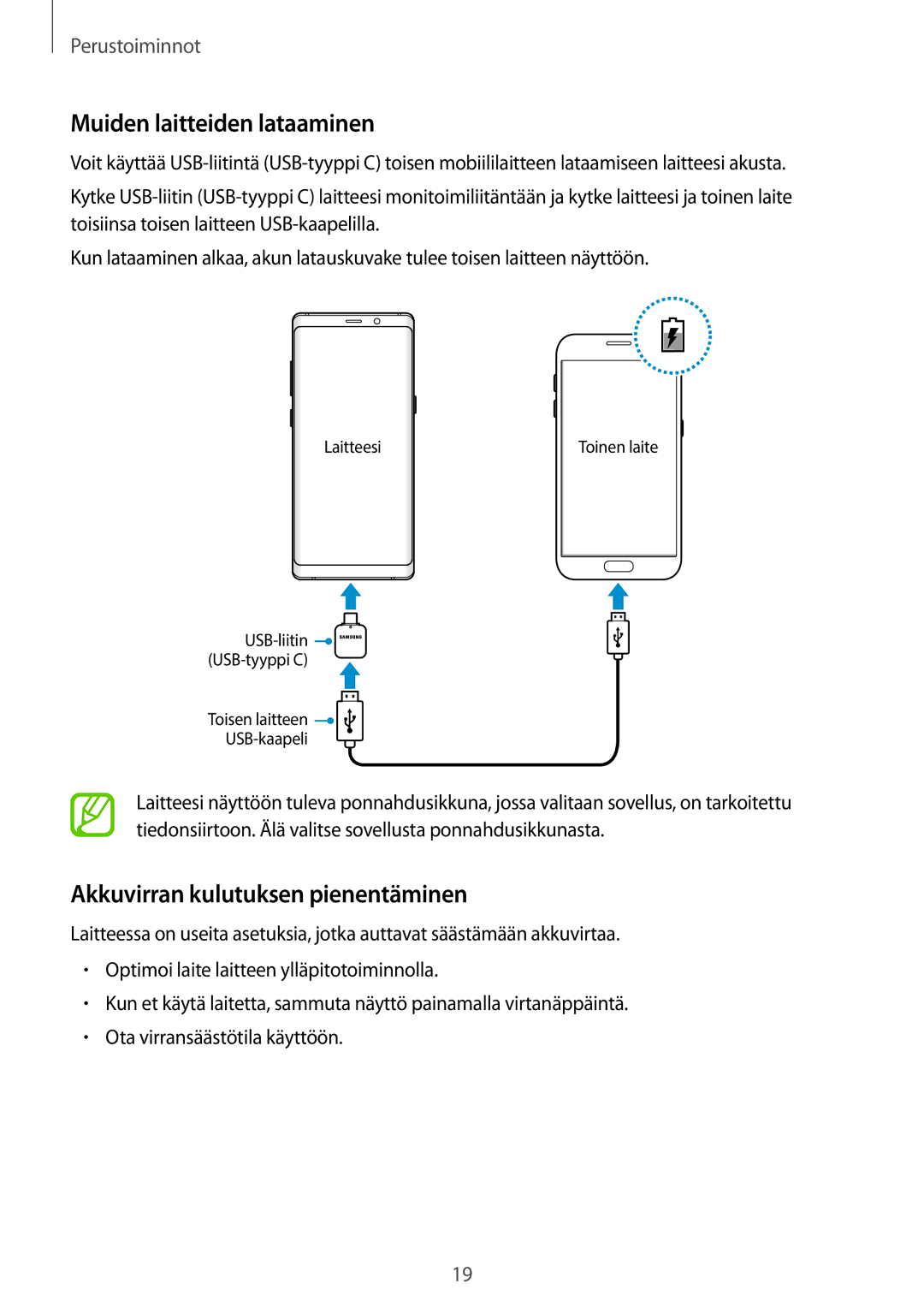 Samsung SM-N950FZDAHTS, SM-N950FZDATEN, CG-N950FZDSHTD Muiden laitteiden lataaminen, Akkuvirran kulutuksen pienentäminen 