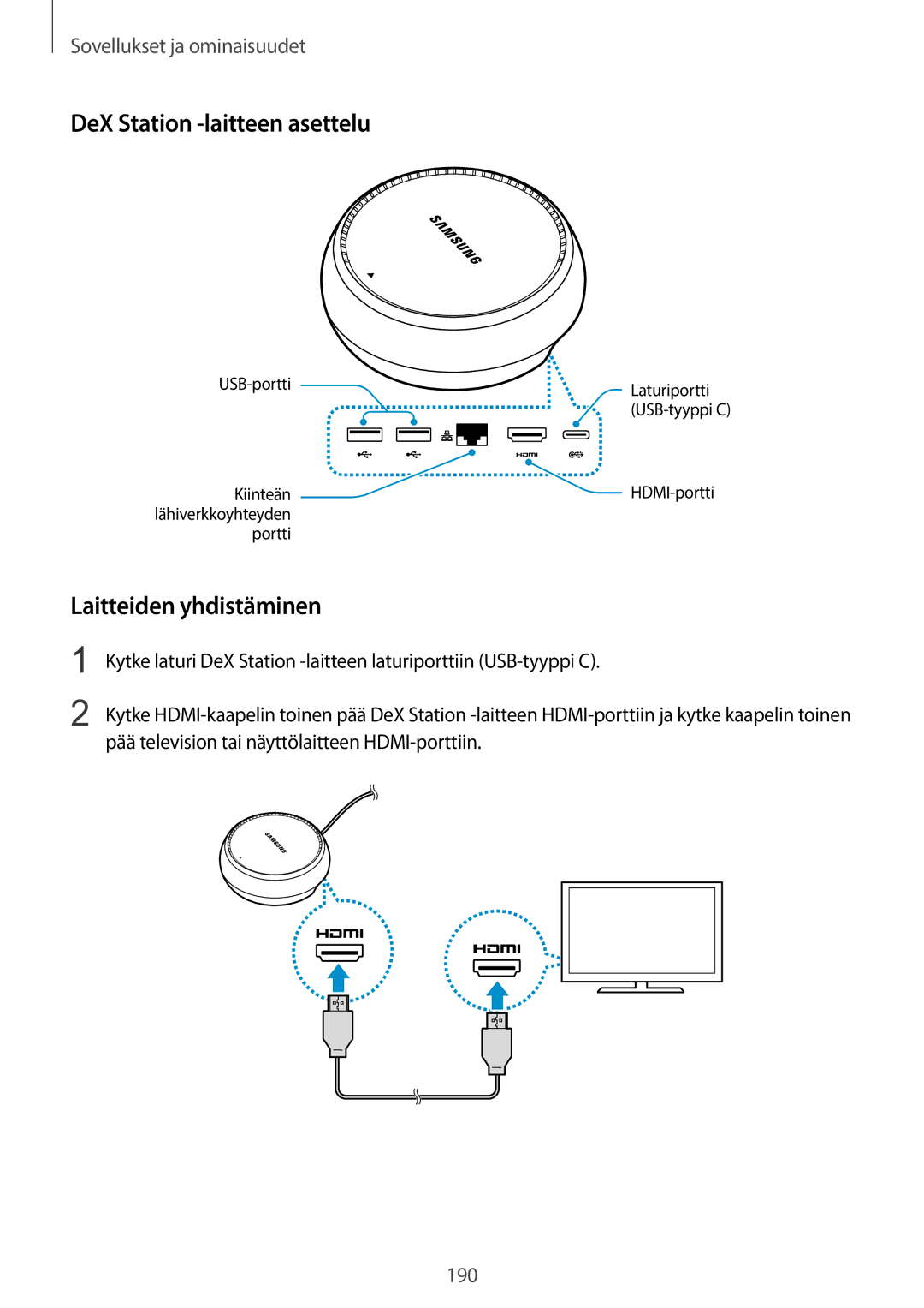 Samsung CG-N950FZDSHTD, SM-N950FZDATEN, SM-N950FZKAHTS manual DeX Station -laitteen asettelu, Laitteiden yhdistäminen 
