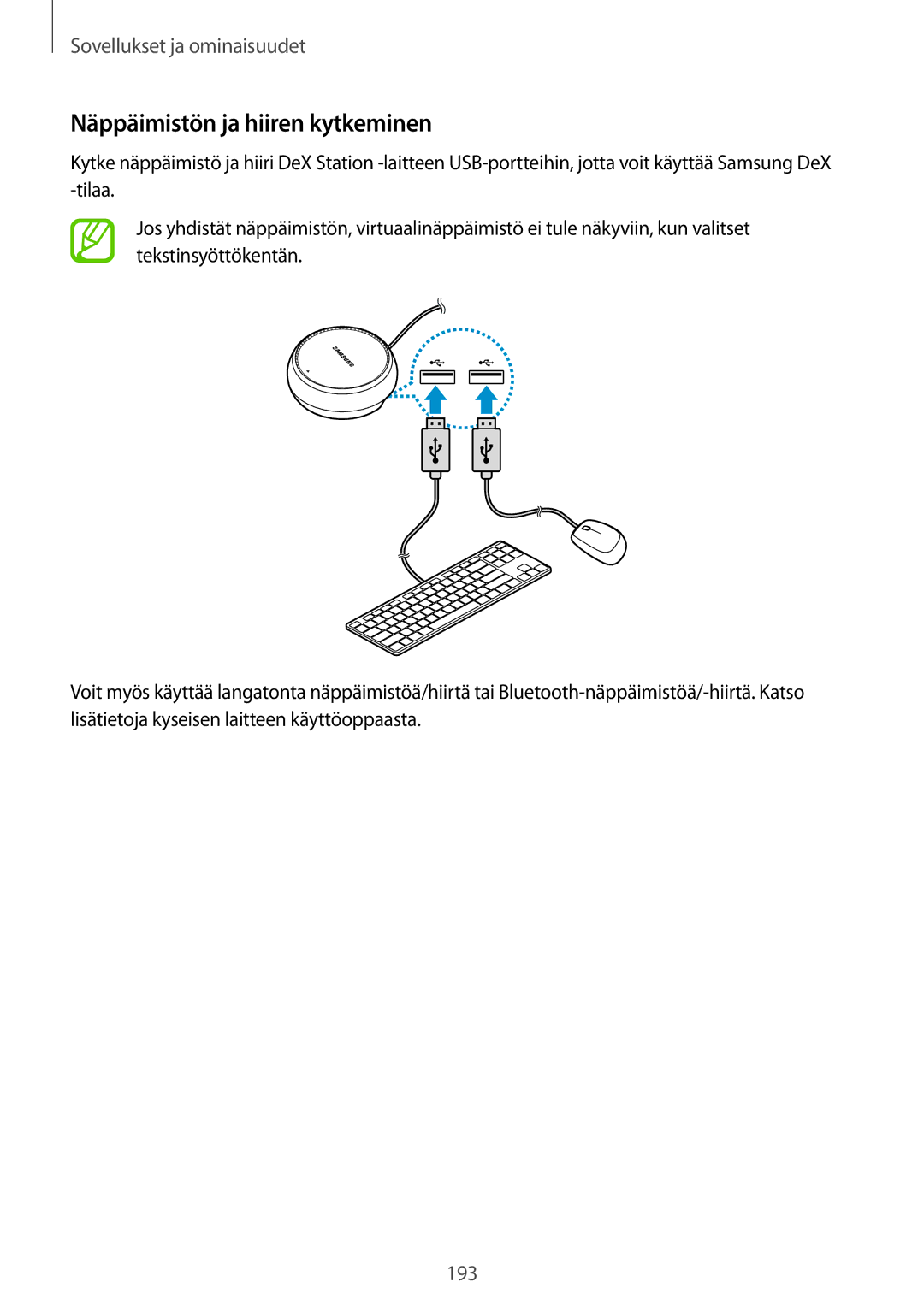 Samsung SM-N950FZDDNEE, SM-N950FZDATEN, CG-N950FZDSHTD, SM-N950FZKAHTS, SM-N950FZKDNEE manual Näppäimistön ja hiiren kytkeminen 