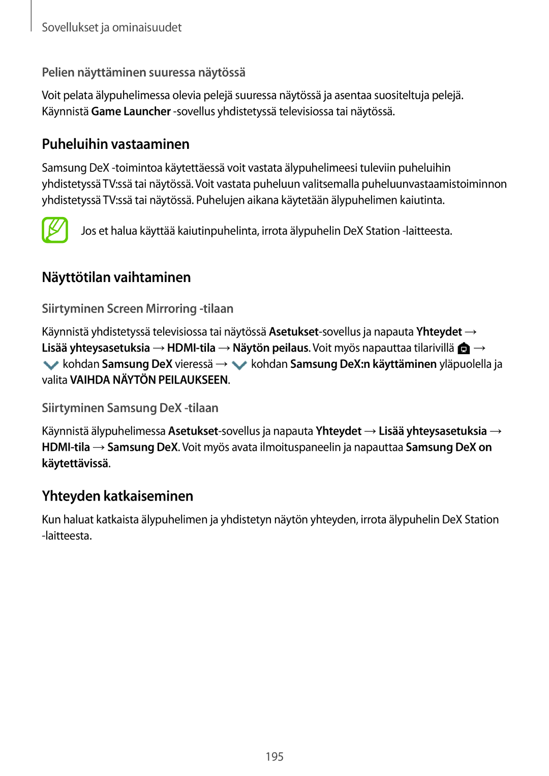 Samsung SM-N950FZKATEN, SM-N950FZDATEN manual Puheluihin vastaaminen, Näyttötilan vaihtaminen, Yhteyden katkaiseminen 