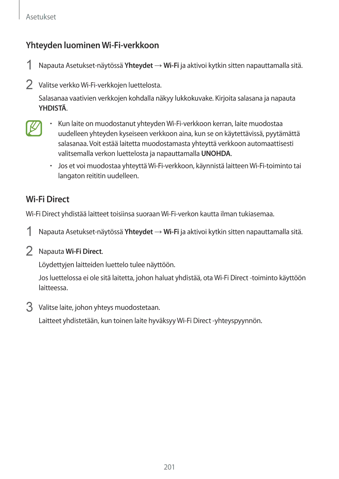 Samsung SM-N950FZDAHTS, SM-N950FZDATEN, CG-N950FZDSHTD manual Yhteyden luominen Wi-Fi-verkkoon, Napauta Wi-Fi Direct 