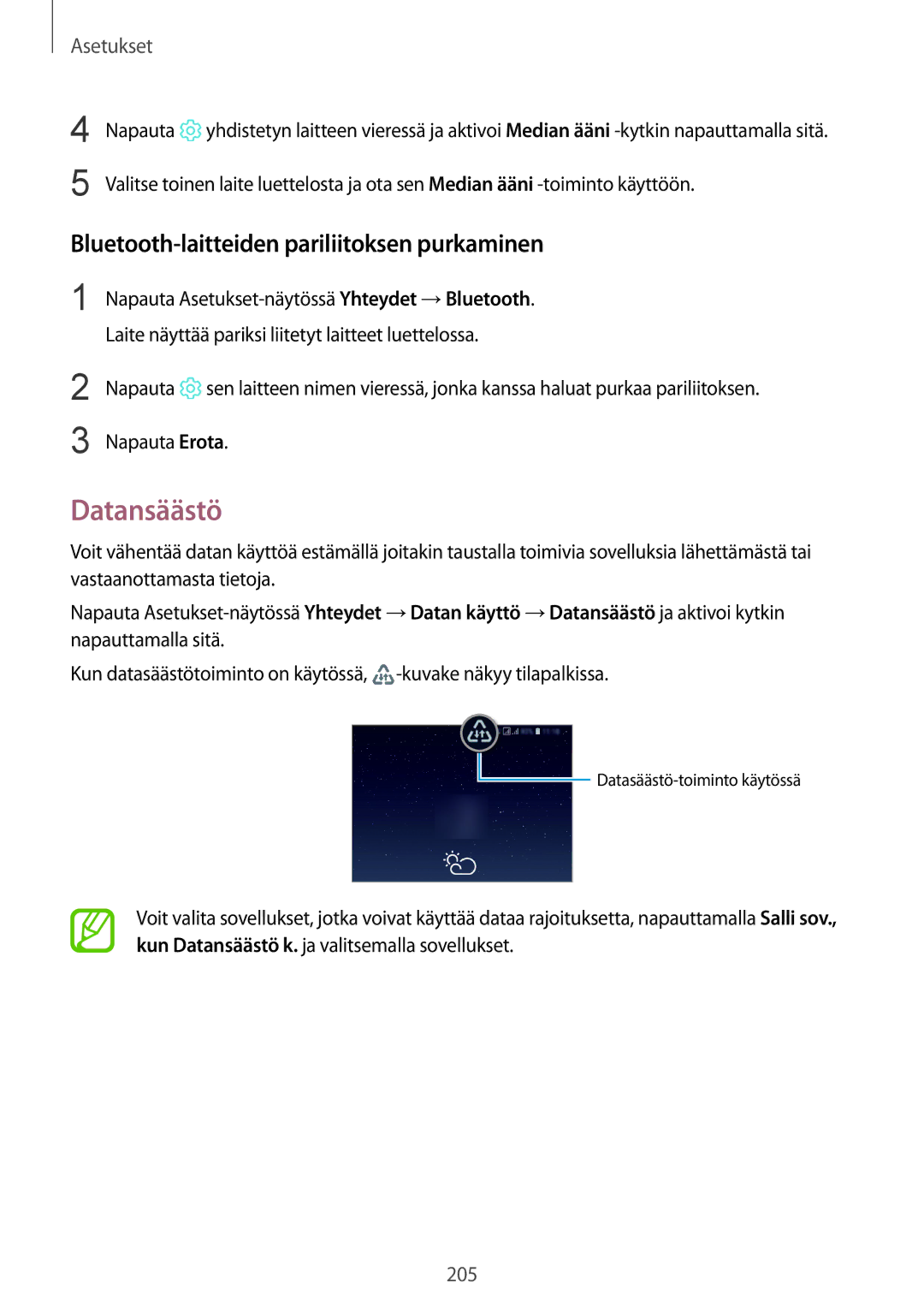 Samsung SM-N950FZKAHTS, SM-N950FZDATEN, CG-N950FZDSHTD manual Datansäästö, Bluetooth-laitteiden pariliitoksen purkaminen 