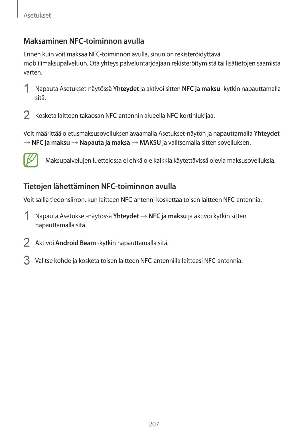 Samsung SM-N950FZDDNEE, SM-N950FZDATEN manual Maksaminen NFC-toiminnon avulla, Tietojen lähettäminen NFC-toiminnon avulla 