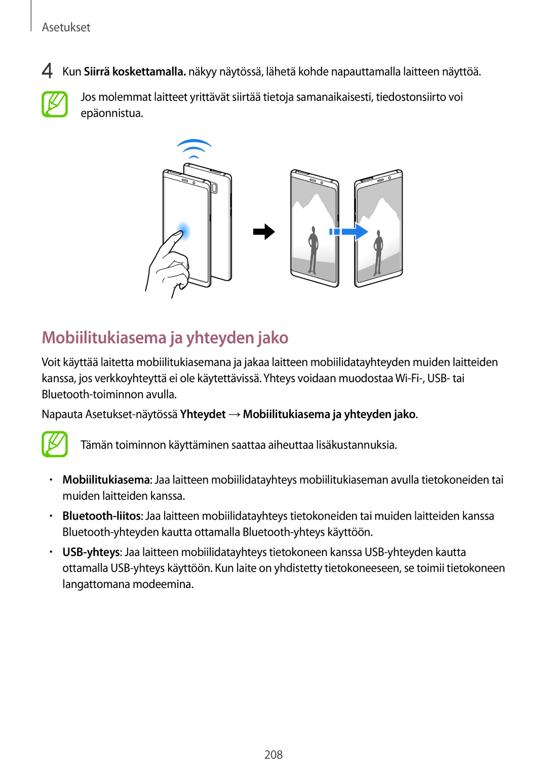 Samsung SM-N950FZDAHTS, SM-N950FZDATEN, CG-N950FZDSHTD, SM-N950FZKAHTS, SM-N950FZKDNEE manual Mobiilitukiasema ja yhteyden jako 