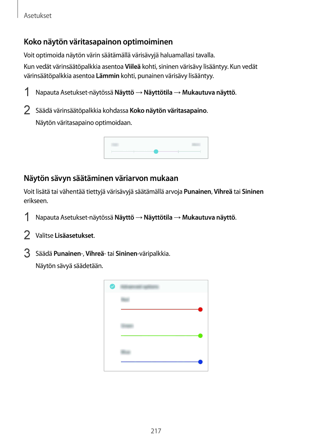 Samsung SM-N950FZDATEN, CG-N950FZDSHTD Koko näytön väritasapainon optimoiminen, Näytön sävyn säätäminen väriarvon mukaan 