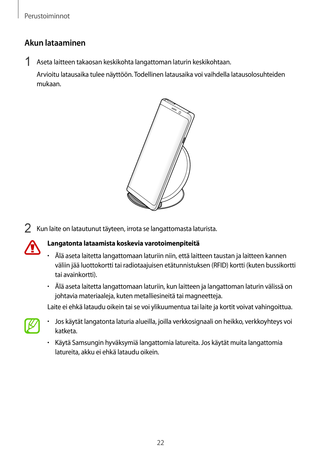 Samsung CG-N950FZDSHTD, SM-N950FZDATEN, SM-N950FZKAHTS Akun lataaminen, Langatonta lataamista koskevia varotoimenpiteitä 