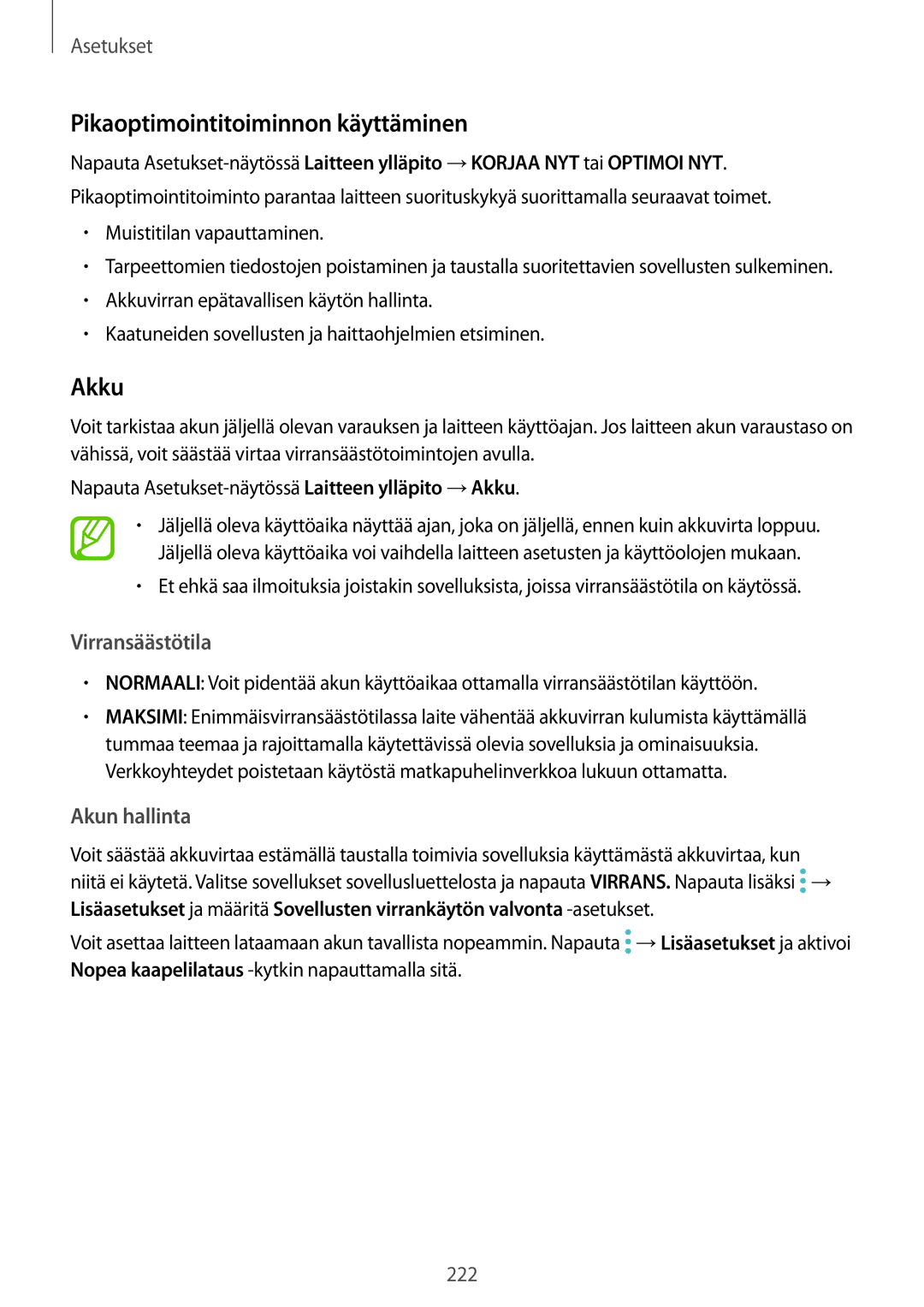 Samsung SM-N950FZDAHTS, SM-N950FZDATEN manual Pikaoptimointitoiminnon käyttäminen, Akku, Virransäästötila, Akun hallinta 