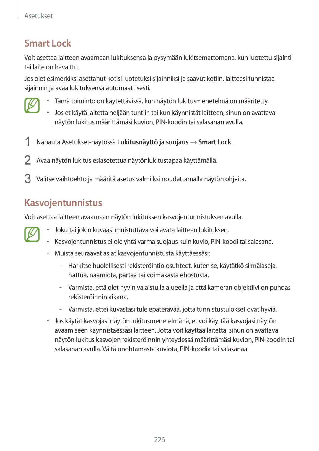 Samsung SM-N950FZKAHTS, SM-N950FZDATEN, CG-N950FZDSHTD, SM-N950FZKDNEE, SM-N950FZDDNEE manual Smart Lock, Kasvojentunnistus 