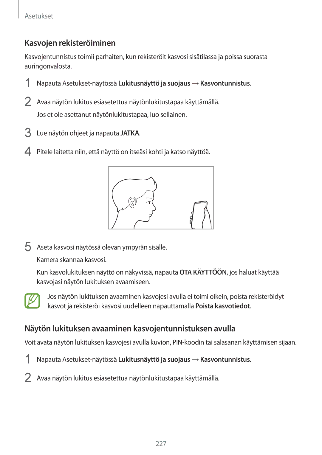 Samsung SM-N950FZKDNEE, SM-N950FZDATEN Kasvojen rekisteröiminen, Näytön lukituksen avaaminen kasvojentunnistuksen avulla 
