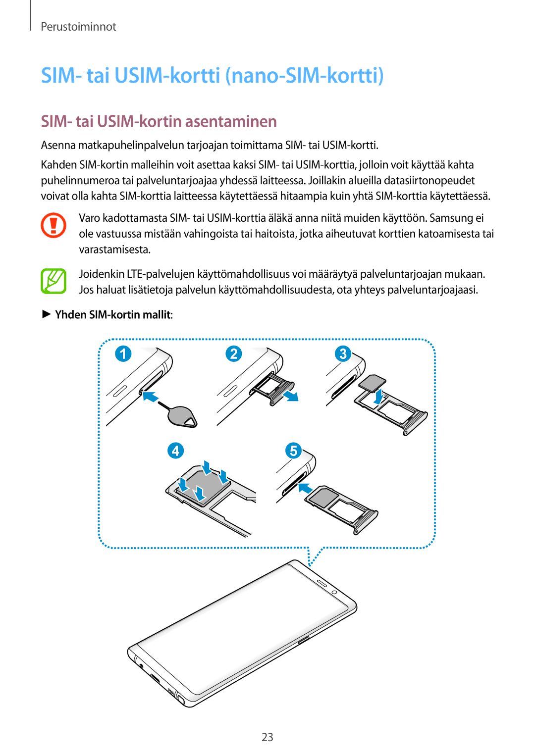 Samsung SM-N950FZKAHTS SIM- tai USIM-kortti nano-SIM-kortti, SIM- tai USIM-kortin asentaminen, Yhden SIM-kortin mallit 