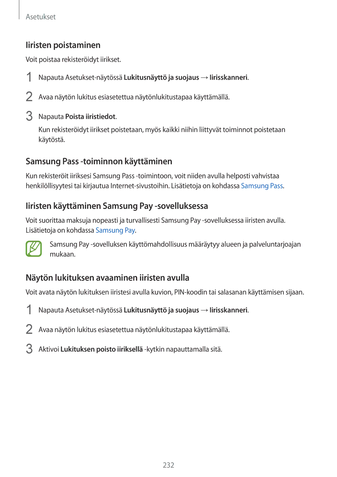 Samsung CG-N950FZDSHTD manual Iiristen poistaminen, Samsung Pass -toiminnon käyttäminen, Napauta Poista iiristiedot 