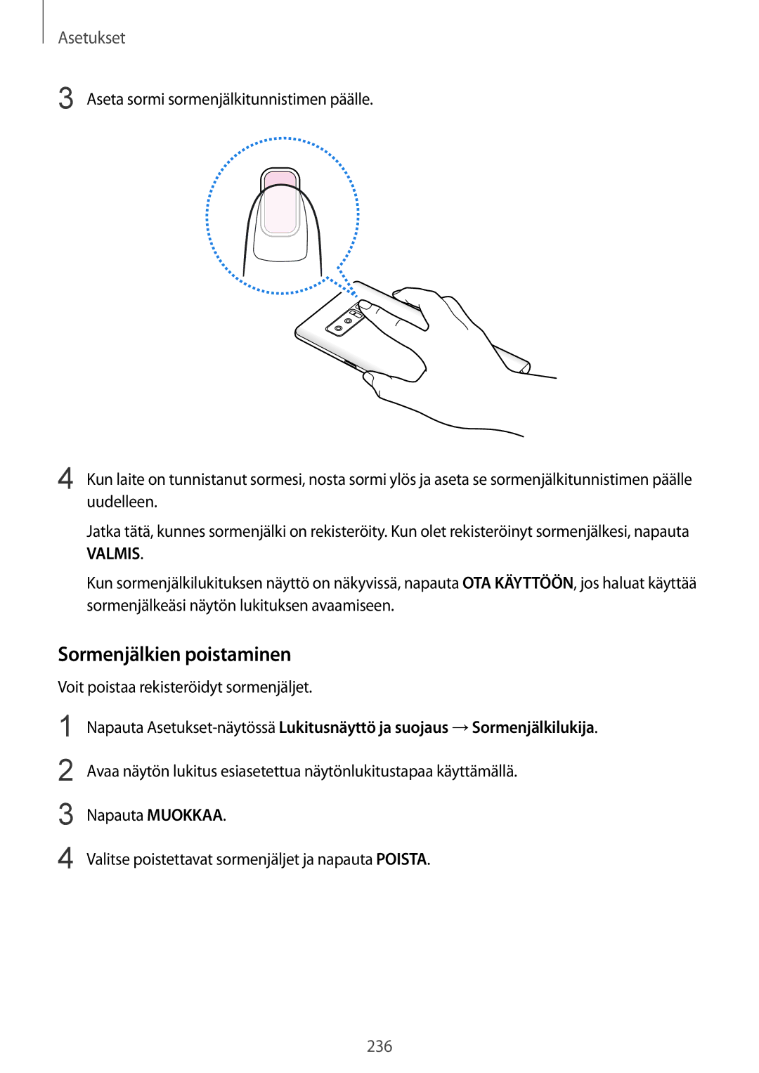 Samsung SM-N950FZDAHTS, SM-N950FZDATEN, CG-N950FZDSHTD Sormenjälkien poistaminen, Voit poistaa rekisteröidyt sormenjäljet 