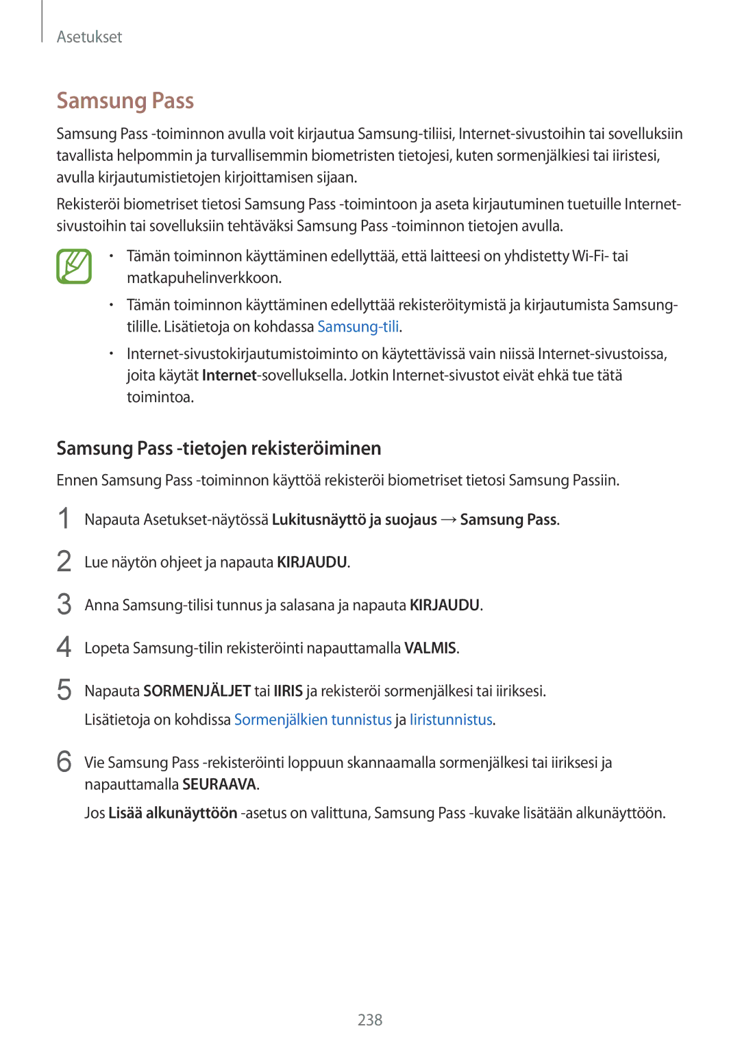 Samsung SM-N950FZDATEN, CG-N950FZDSHTD, SM-N950FZKAHTS, SM-N950FZKDNEE manual Samsung Pass -tietojen rekisteröiminen 