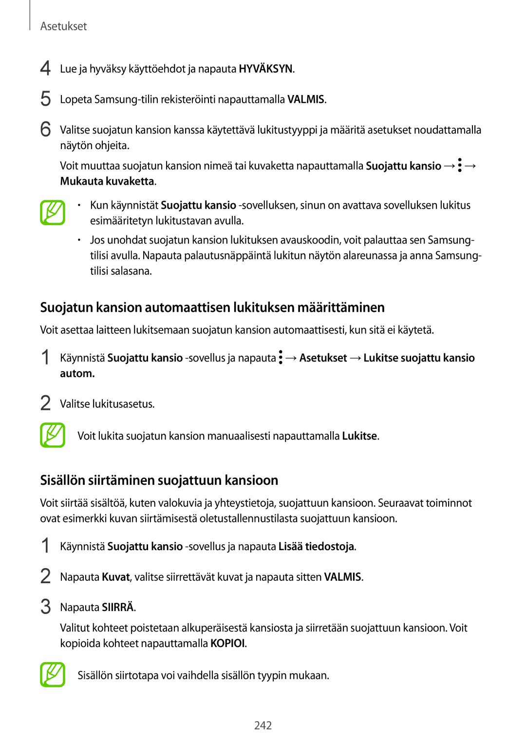 Samsung SM-N950FZDDNEE Suojatun kansion automaattisen lukituksen määrittäminen, Sisällön siirtäminen suojattuun kansioon 