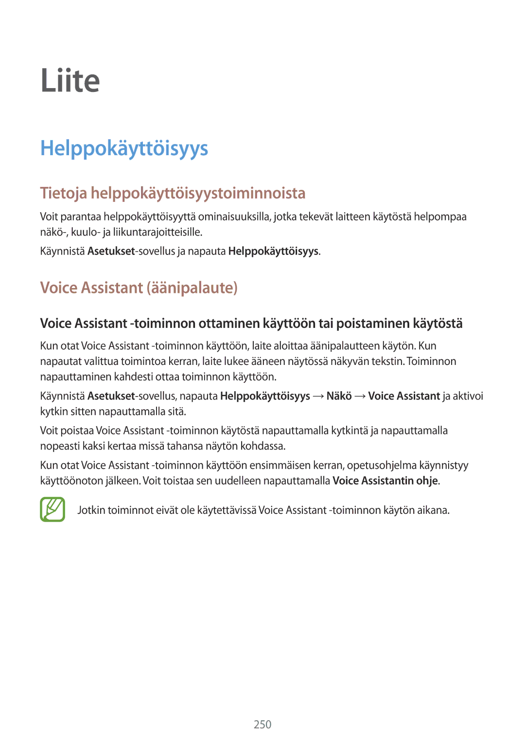 Samsung SM-N950FZDAHTS, SM-N950FZDATEN, CG-N950FZDSHTD Tietoja helppokäyttöisyystoiminnoista, Voice Assistant äänipalaute 