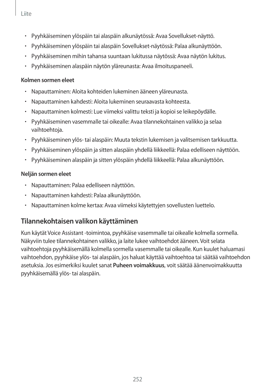 Samsung SM-N950FZDATEN, CG-N950FZDSHTD manual Tilannekohtaisen valikon käyttäminen, Kolmen sormen eleet, Neljän sormen eleet 