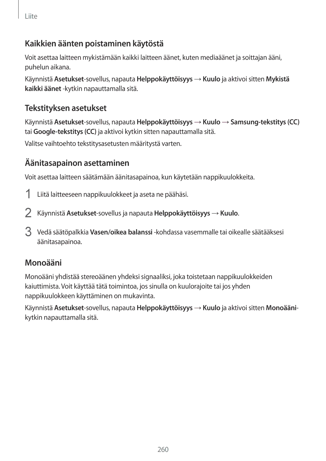 Samsung CG-N950FZDSHTD Kaikkien äänten poistaminen käytöstä, Tekstityksen asetukset, Äänitasapainon asettaminen, Monoääni 