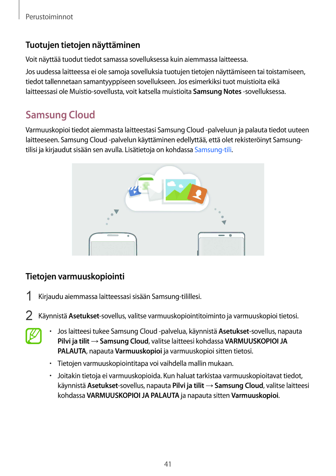 Samsung SM-N950FZKATEN, SM-N950FZDATEN manual Samsung Cloud, Tuotujen tietojen näyttäminen, Tietojen varmuuskopiointi 