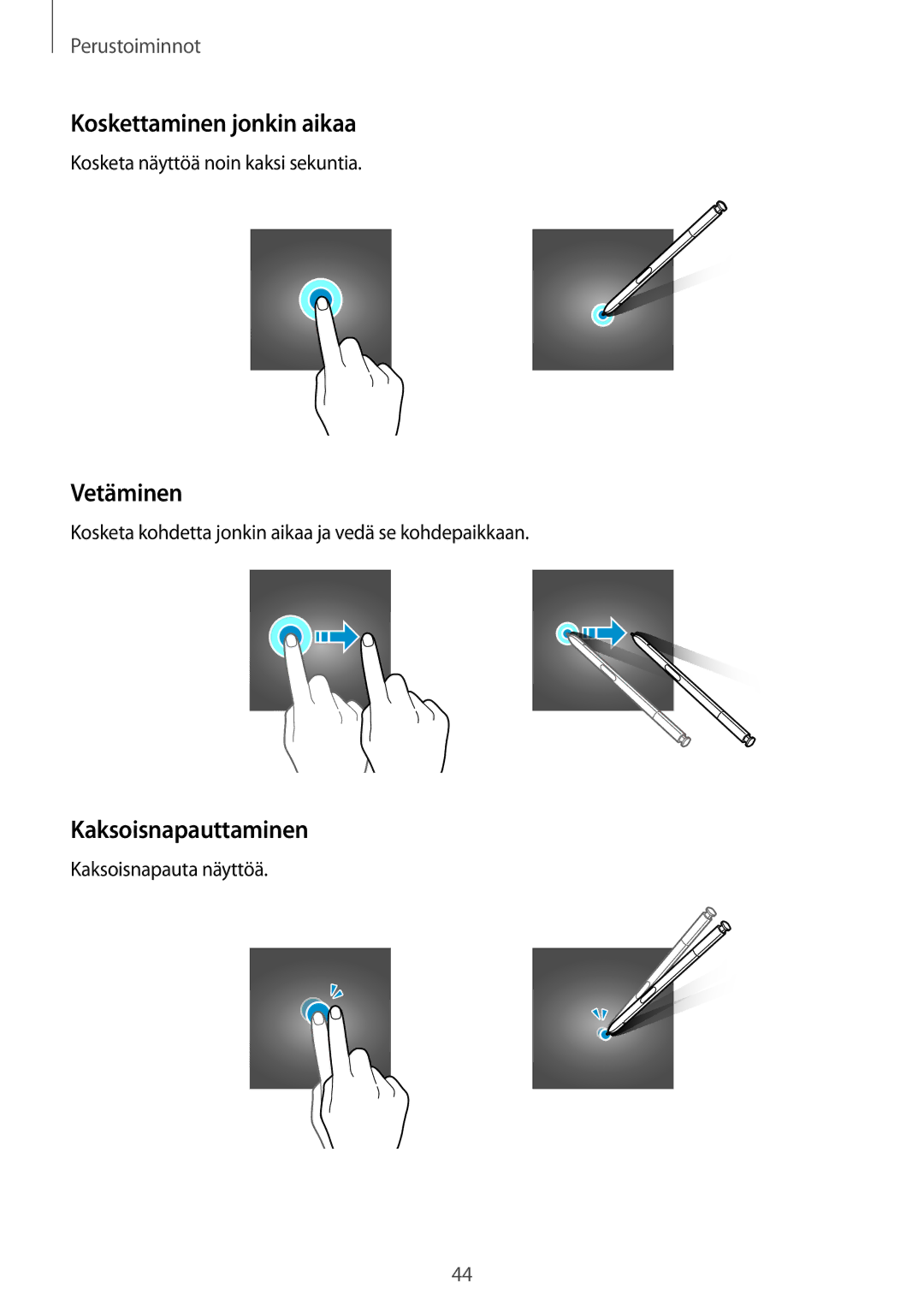 Samsung SM-N950FZKAHTS, SM-N950FZDATEN, CG-N950FZDSHTD manual Koskettaminen jonkin aikaa, Vetäminen, Kaksoisnapauttaminen 