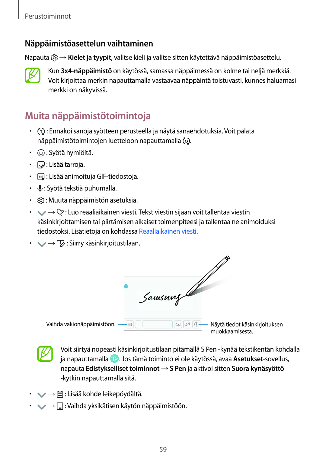 Samsung SM-N950FZKDNEE, SM-N950FZDATEN, CG-N950FZDSHTD manual Muita näppäimistötoimintoja, Näppäimistöasettelun vaihtaminen 