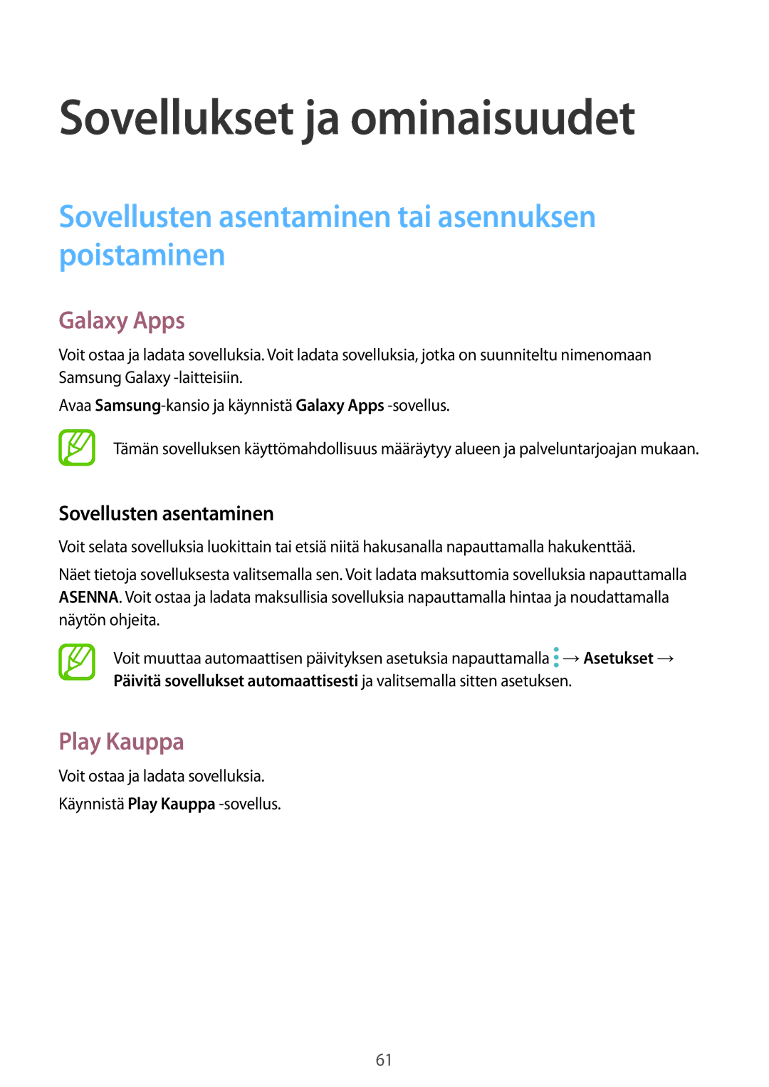 Samsung SM-N950FZDAHTS, SM-N950FZDATEN manual Sovellusten asentaminen tai asennuksen poistaminen, Galaxy Apps, Play Kauppa 