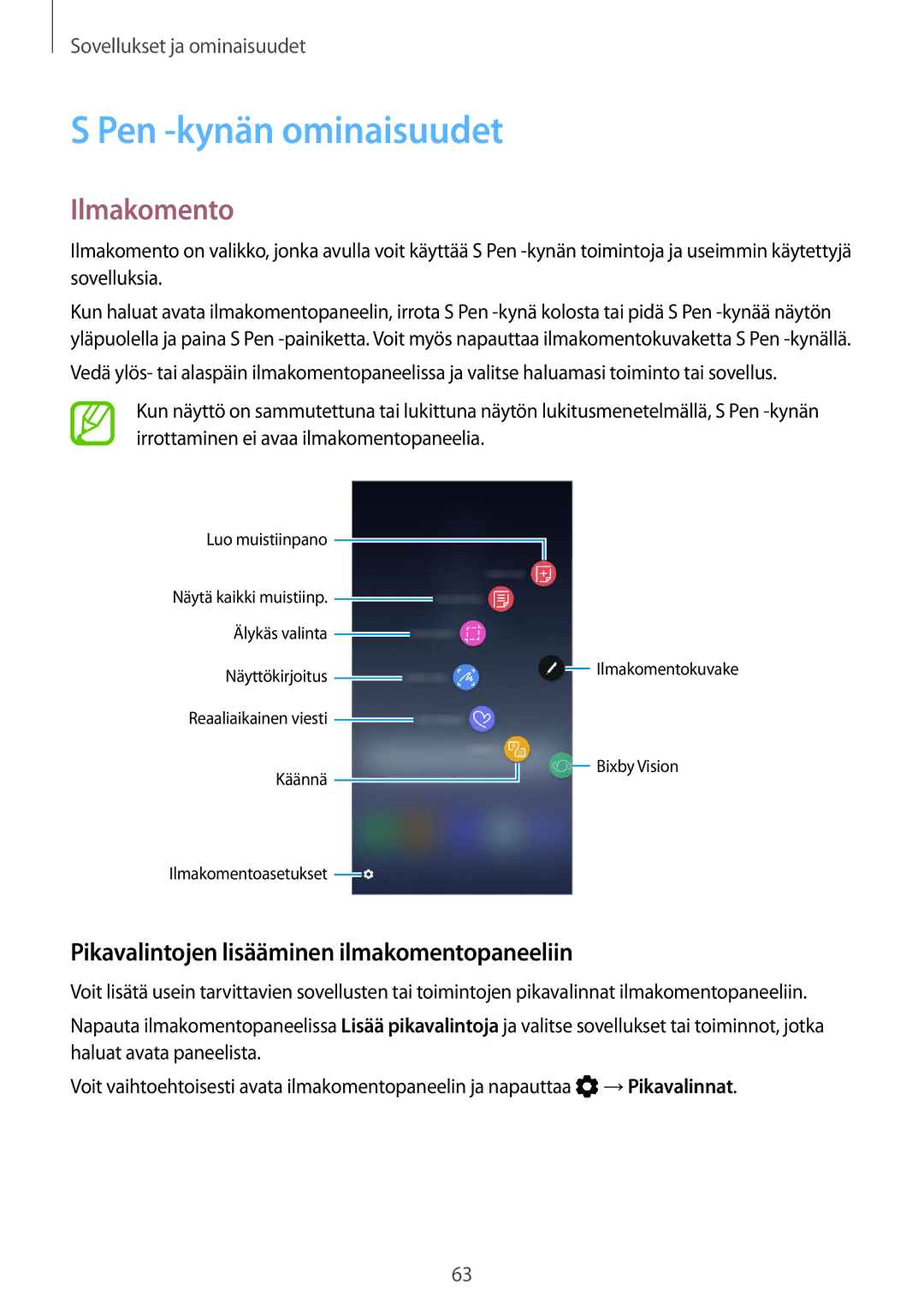 Samsung SM-N950FZDATEN manual Pen -kynän ominaisuudet, Ilmakomento, Pikavalintojen lisääminen ilmakomentopaneeliin 