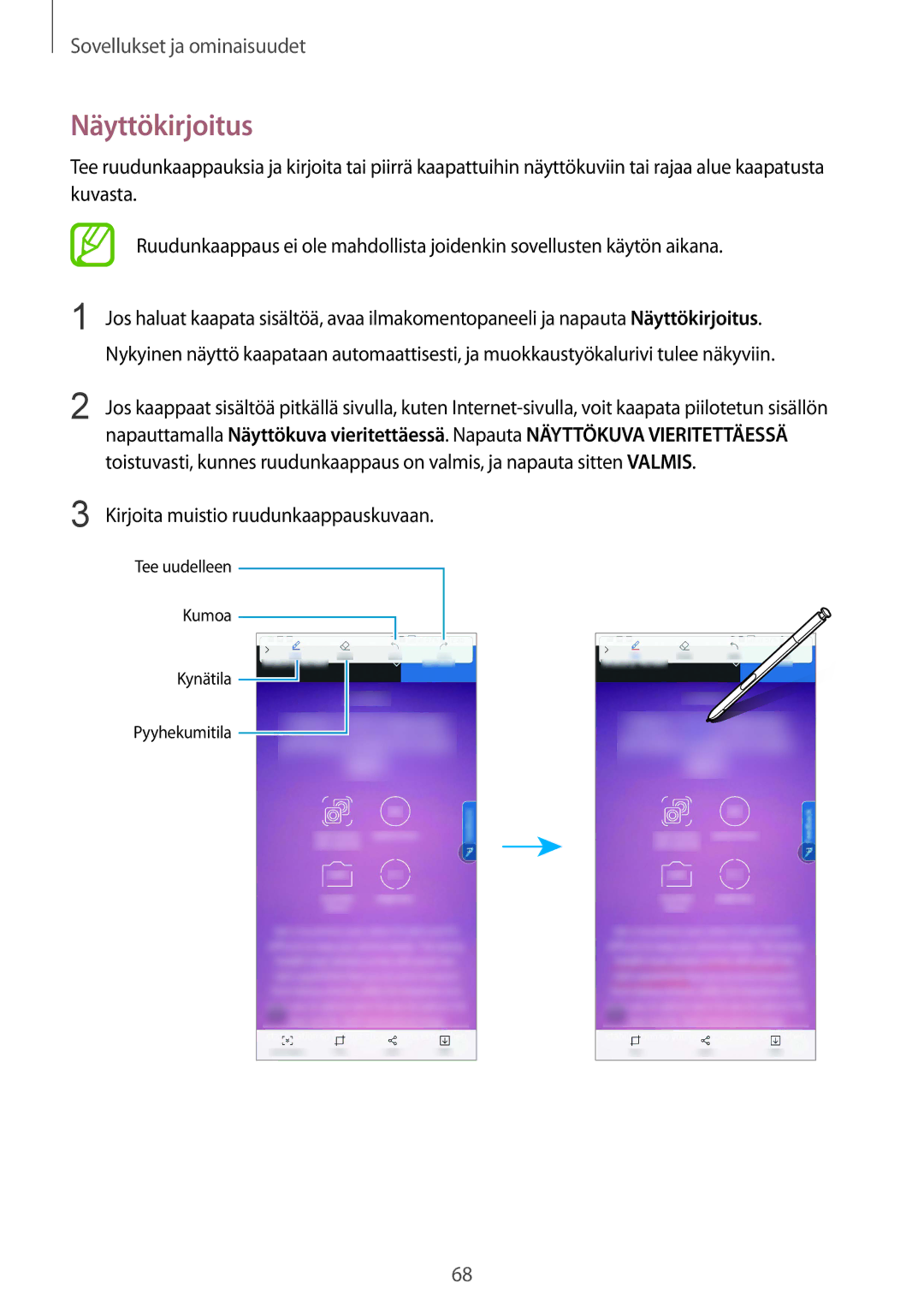 Samsung SM-N950FZDAHTS, SM-N950FZDATEN, CG-N950FZDSHTD manual Näyttökirjoitus, Kirjoita muistio ruudunkaappauskuvaan 