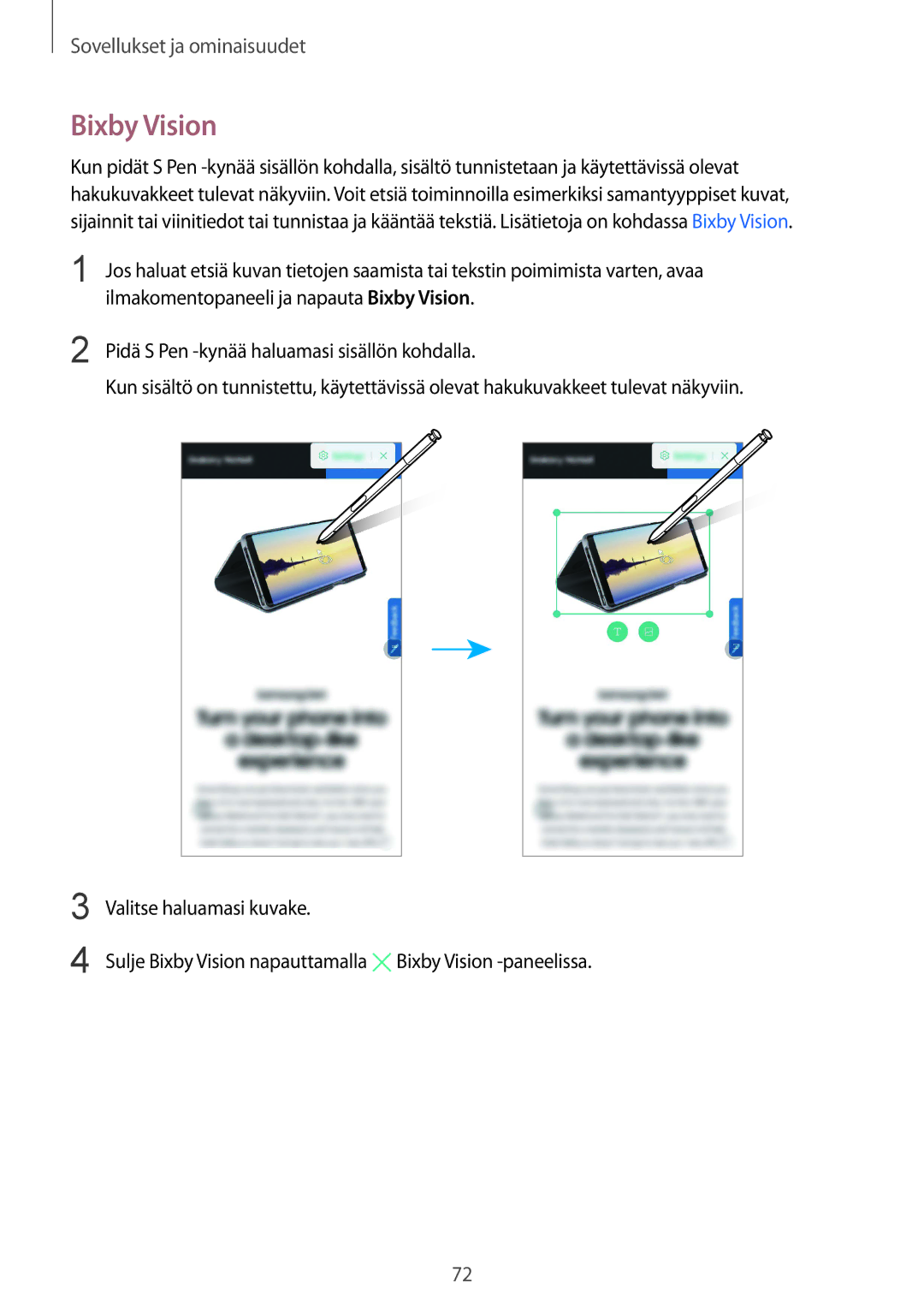 Samsung SM-N950FZKAHTS manual Ilmakomentopaneeli ja napauta Bixby Vision, Pidä S Pen -kynää haluamasi sisällön kohdalla 