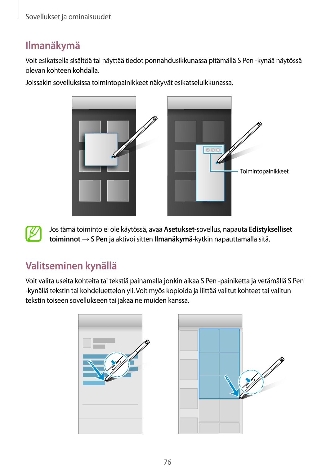 Samsung SM-N950FZKATEN, SM-N950FZDATEN, CG-N950FZDSHTD, SM-N950FZKAHTS, SM-N950FZKDNEE manual Ilmanäkymä, Valitseminen kynällä 