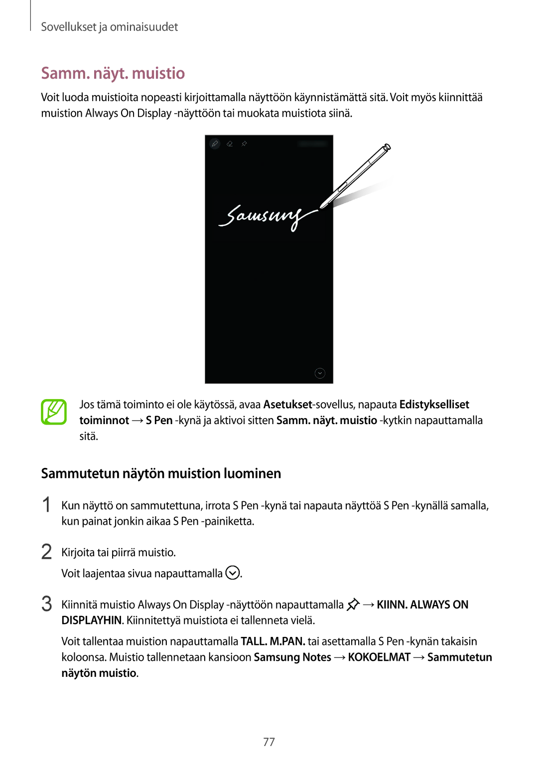 Samsung SM-N950FZDATEN, CG-N950FZDSHTD, SM-N950FZKAHTS manual Samm. näyt. muistio, Sammutetun näytön muistion luominen 