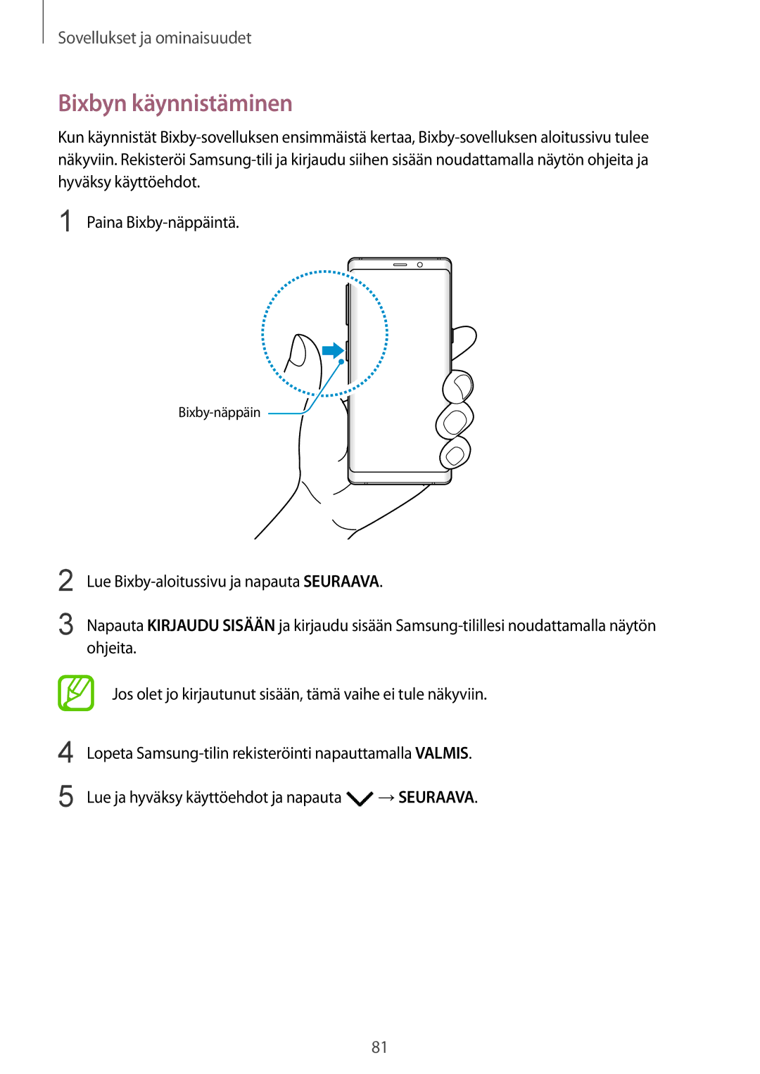 Samsung SM-N950FZDDNEE, SM-N950FZDATEN, CG-N950FZDSHTD, SM-N950FZKAHTS, SM-N950FZKDNEE, SM-N950FZDAHTS Bixbyn käynnistäminen 