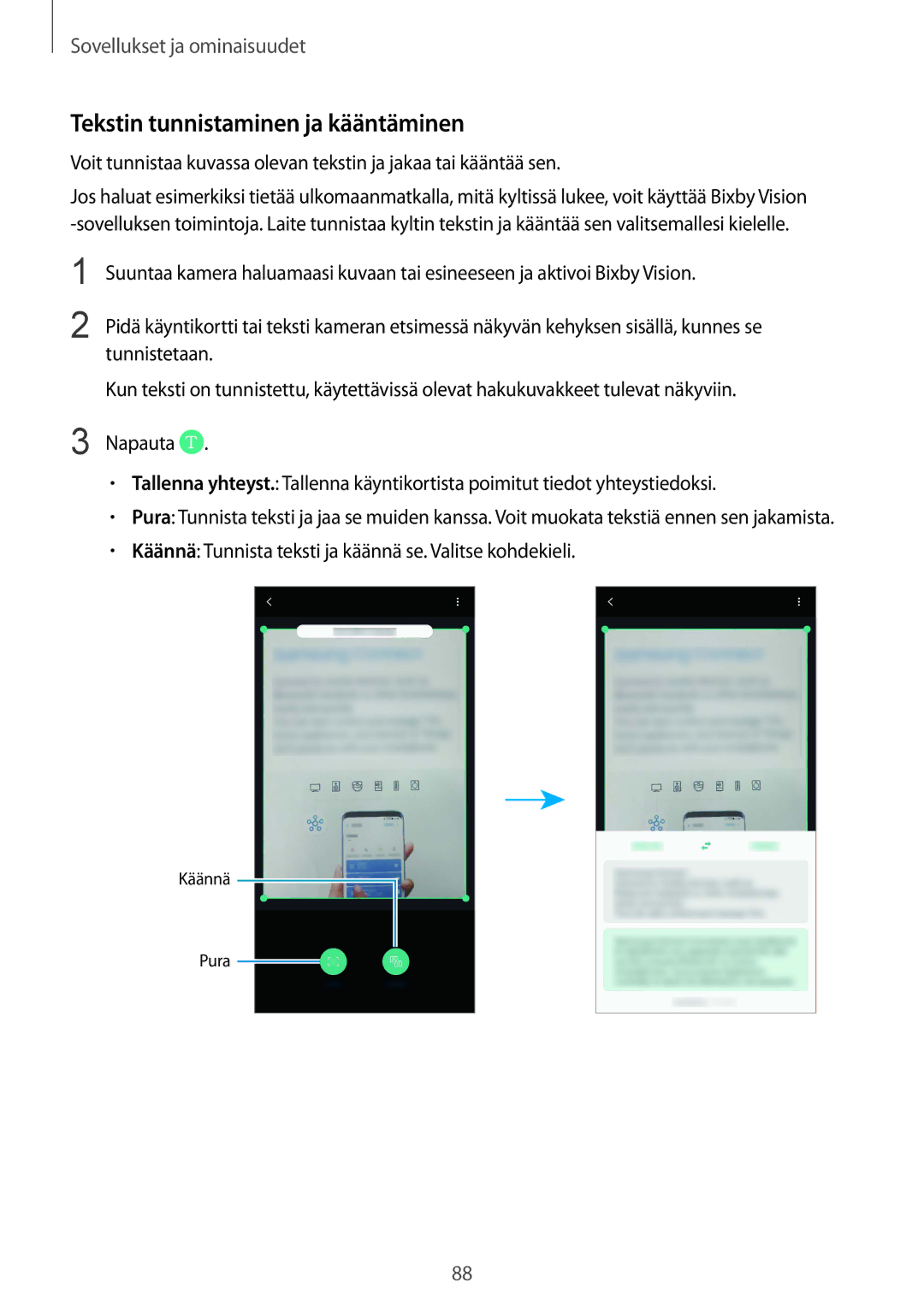 Samsung SM-N950FZDDNEE manual Tekstin tunnistaminen ja kääntäminen, Käännä Tunnista teksti ja käännä se. Valitse kohdekieli 