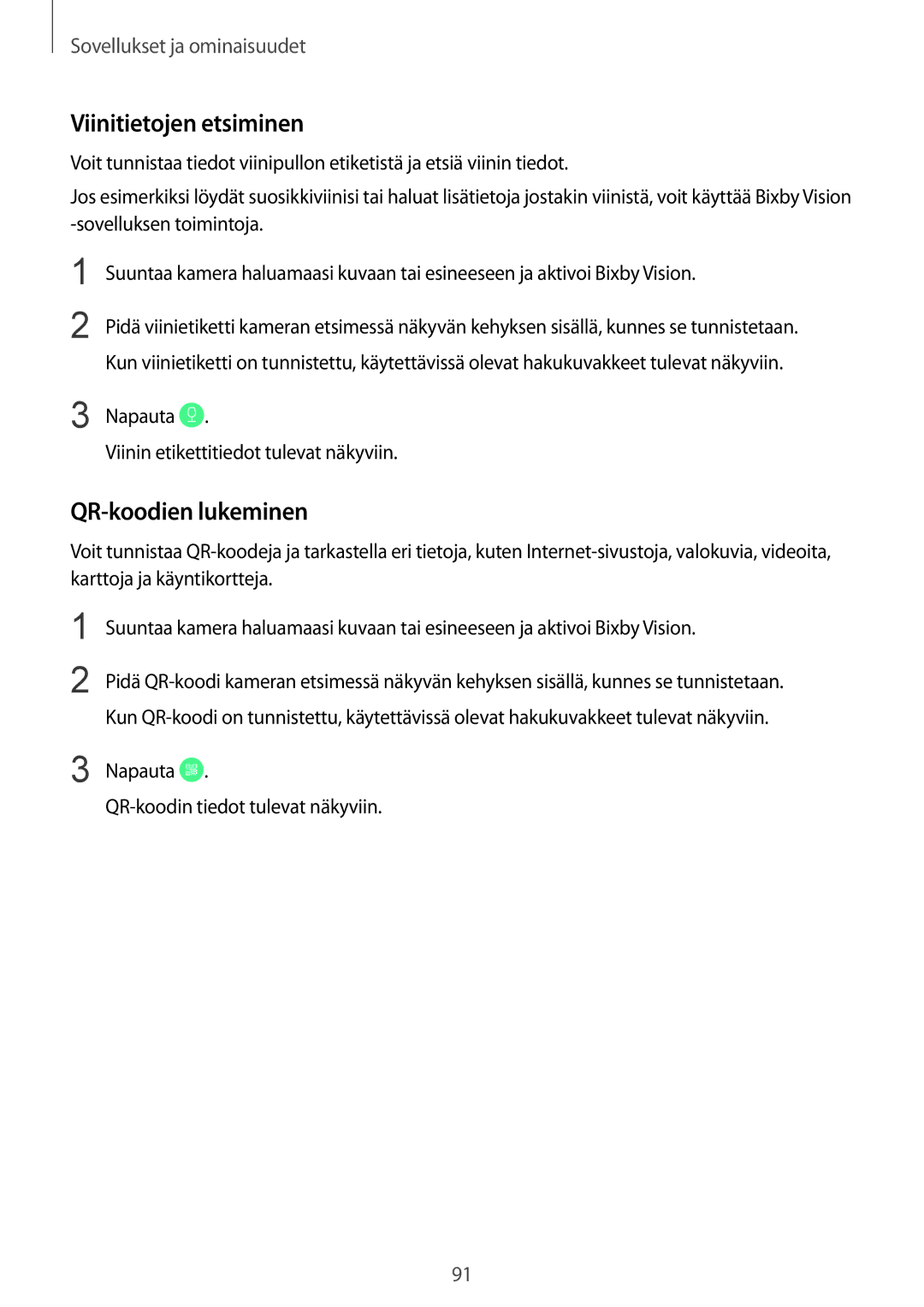 Samsung SM-N950FZDATEN manual Viinitietojen etsiminen, QR-koodien lukeminen, Napauta Viinin etikettitiedot tulevat näkyviin 