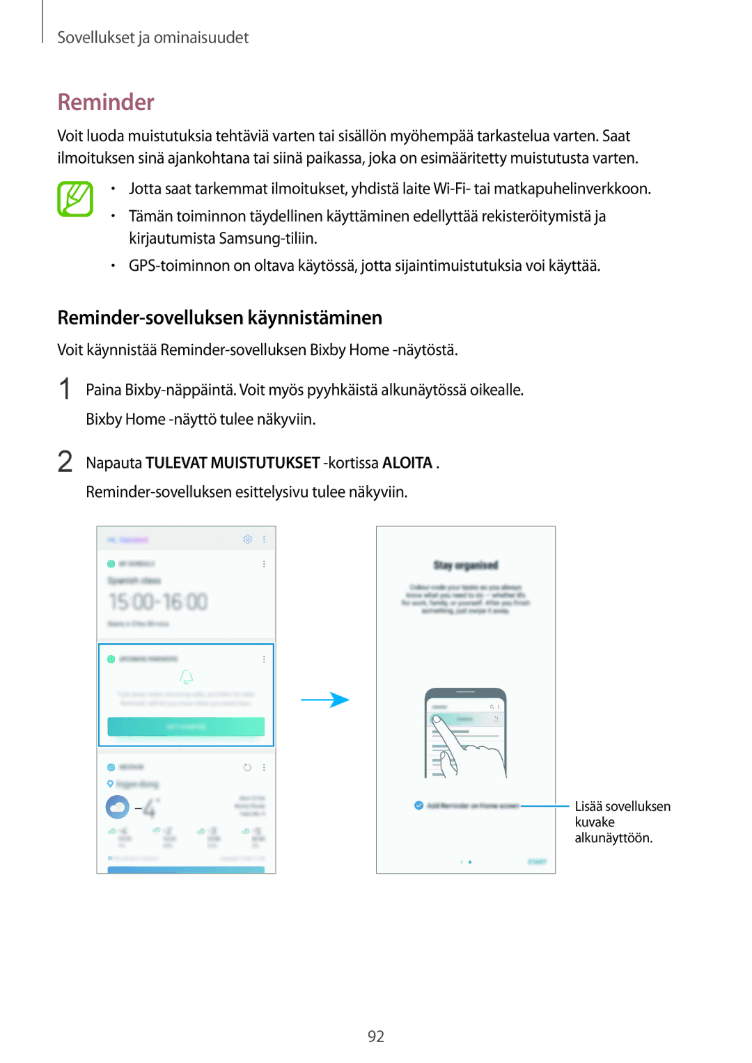 Samsung CG-N950FZDSHTD manual Reminder-sovelluksen käynnistäminen, Napauta Tulevat Muistutukset -kortissaALOITA 