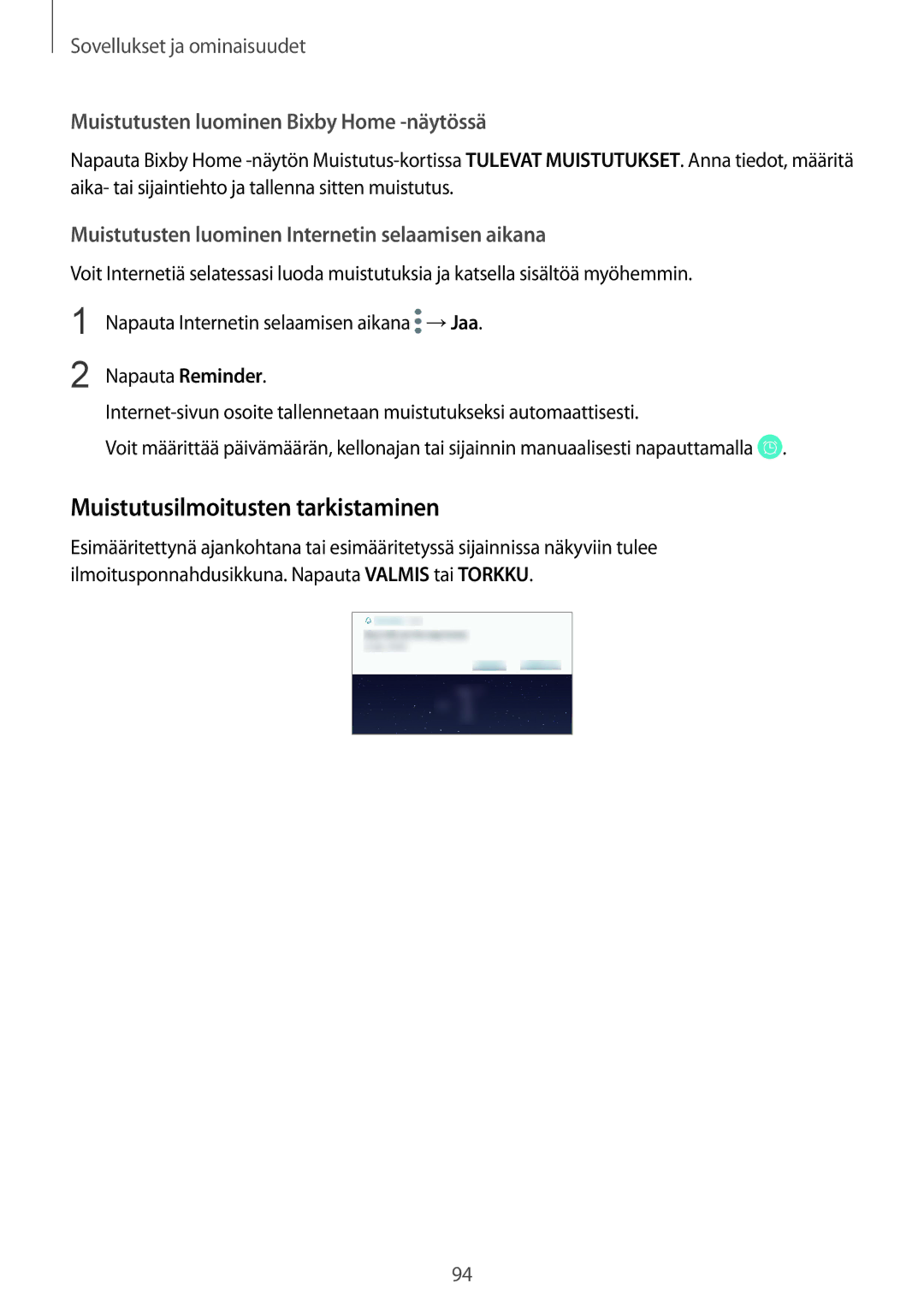 Samsung SM-N950FZKDNEE, SM-N950FZDATEN manual Muistutusilmoitusten tarkistaminen, Muistutusten luominen Bixby Home -näytössä 