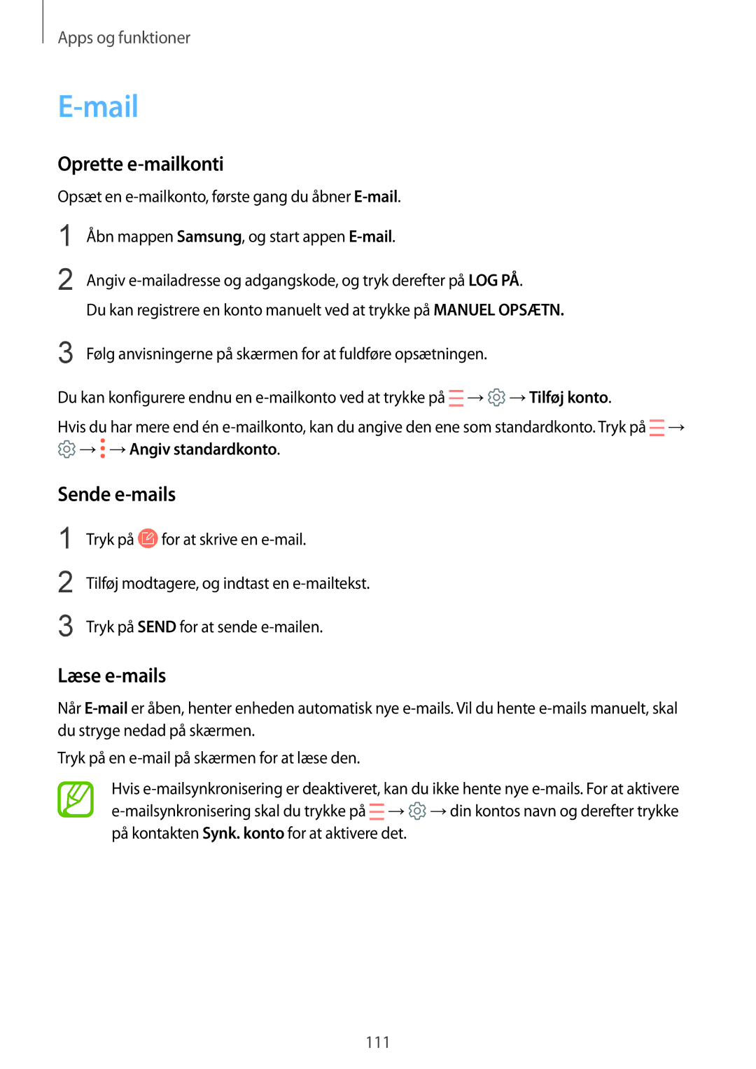 Samsung SM-N950FZKATEN, SM-N950FZDATEN, CG-N950FZDSHTD manual Mail, Oprette e-mailkonti, Sende e-mails, Læse e-mails 