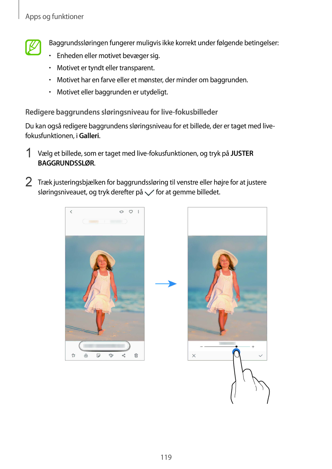 Samsung SM-N950FZDATEN, CG-N950FZDSHTD, SM-N950FZKAHTS manual Redigere baggrundens sløringsniveau for live-fokusbilleder 