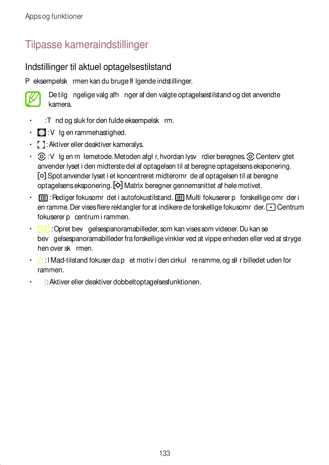 Samsung SM-N950FZDATEN, CG-N950FZDSHTD manual Tilpasse kameraindstillinger, Indstillinger til aktuel optagelsestilstand 