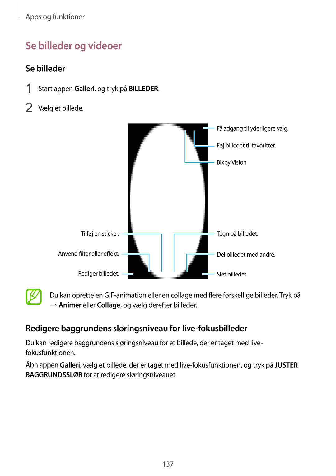 Samsung SM-N950FZDDNEE Se billeder og videoer, Redigere baggrundens sløringsniveau for live-fokusbilleder, Vælg et billede 