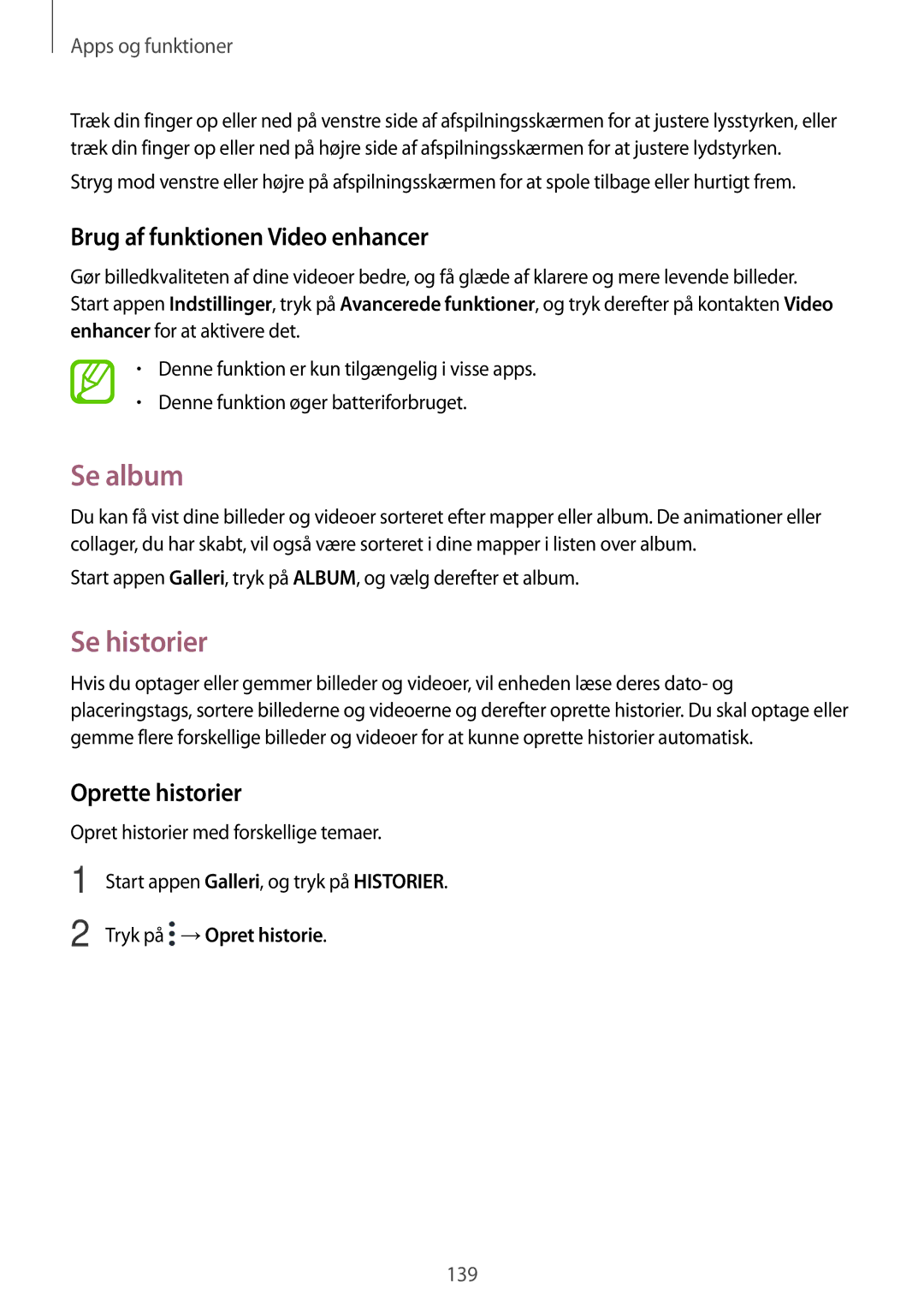 Samsung SM-N950FZKATEN, SM-N950FZDATEN manual Se album, Se historier, Brug af funktionen Video enhancer, Oprette historier 